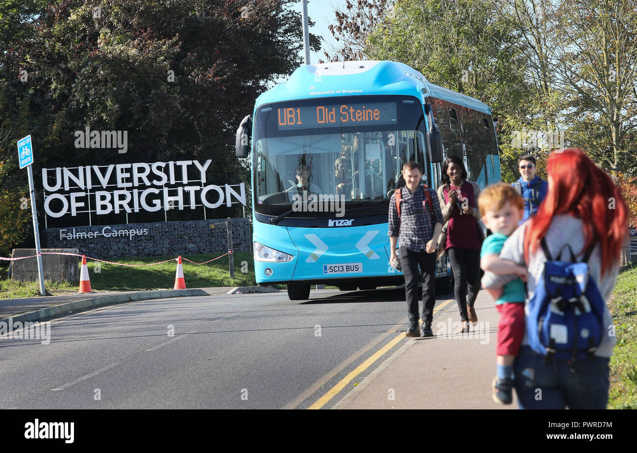 University of Brighton Shuttle Bus UB1 leaving the Falmer Campus. 16 October 2018. Stock Photo