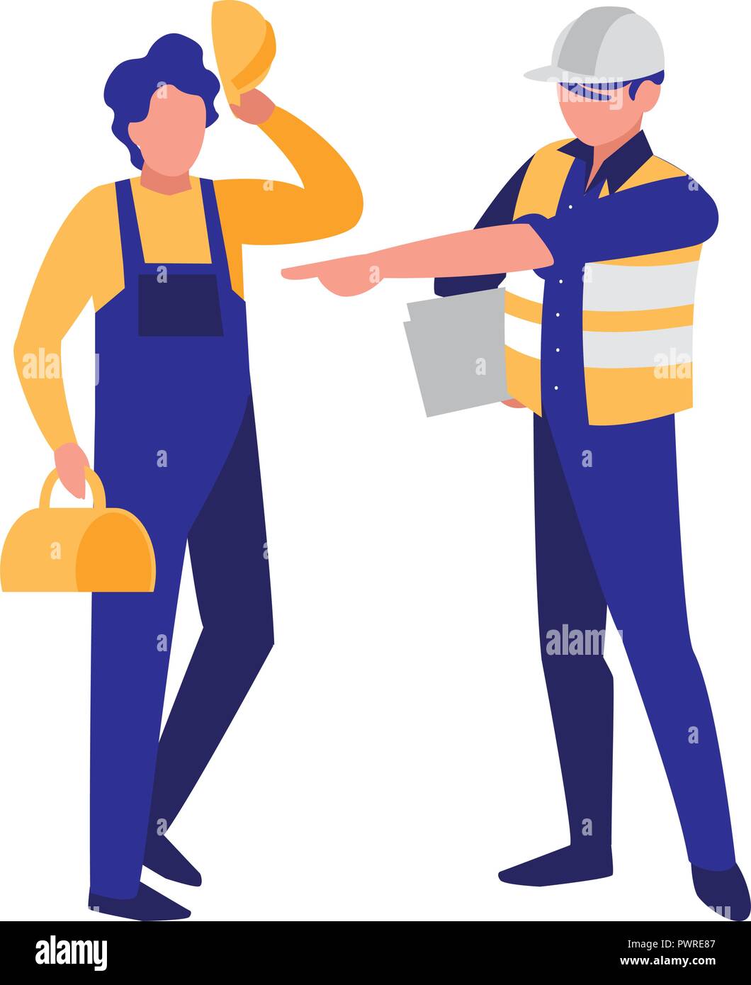 construction workers with tools over white background, colorful design. vector illustration Stock Vector