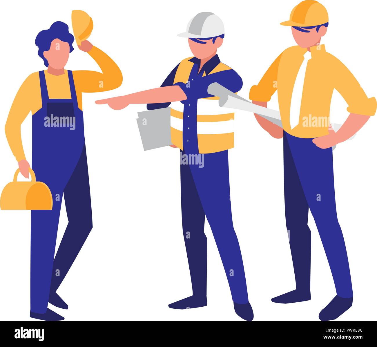 construction workers with tools over white background, colorful design. vector illustration Stock Vector
