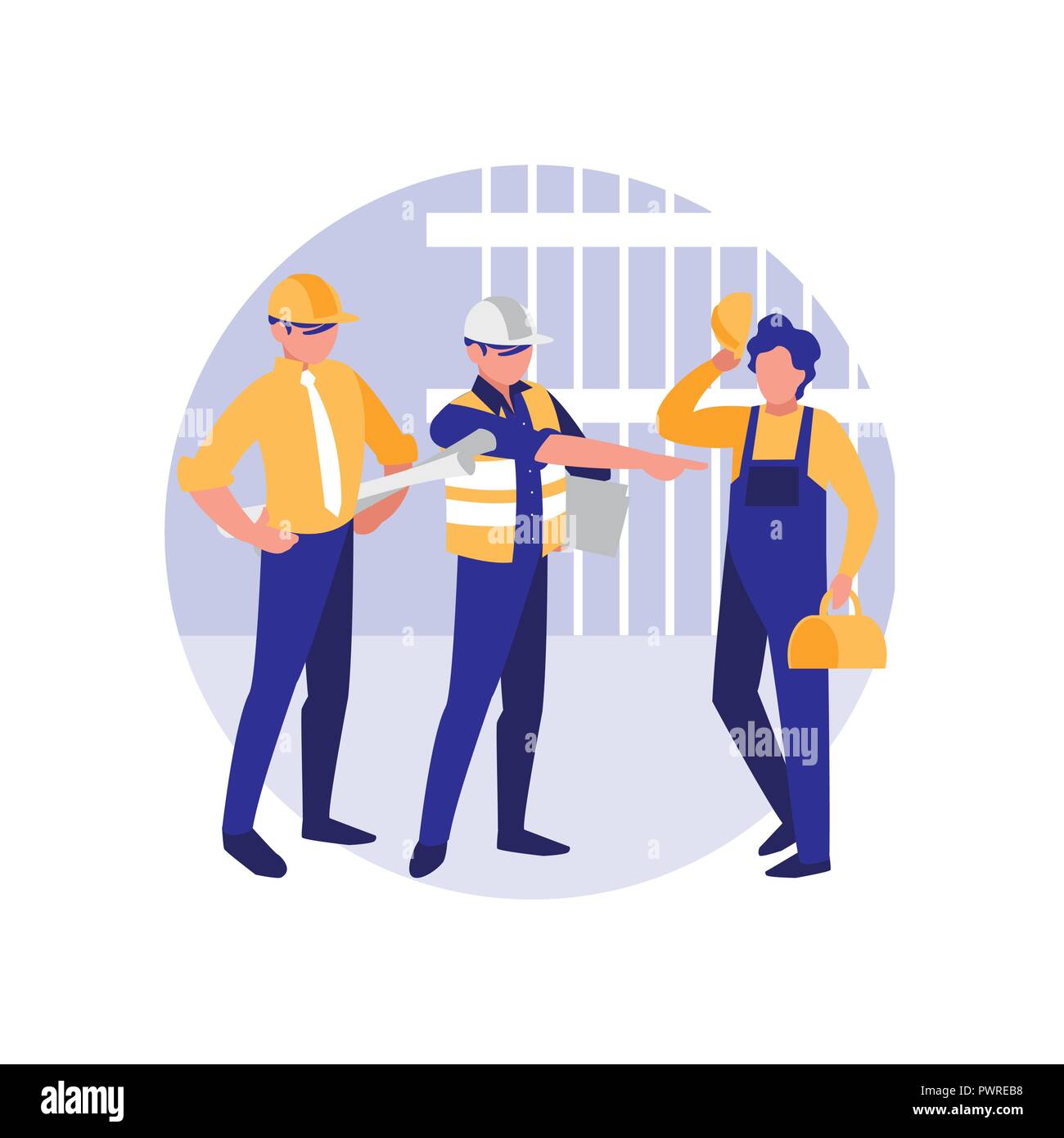 construction workers with tools over white background, colorful design. vector illustration Stock Vector