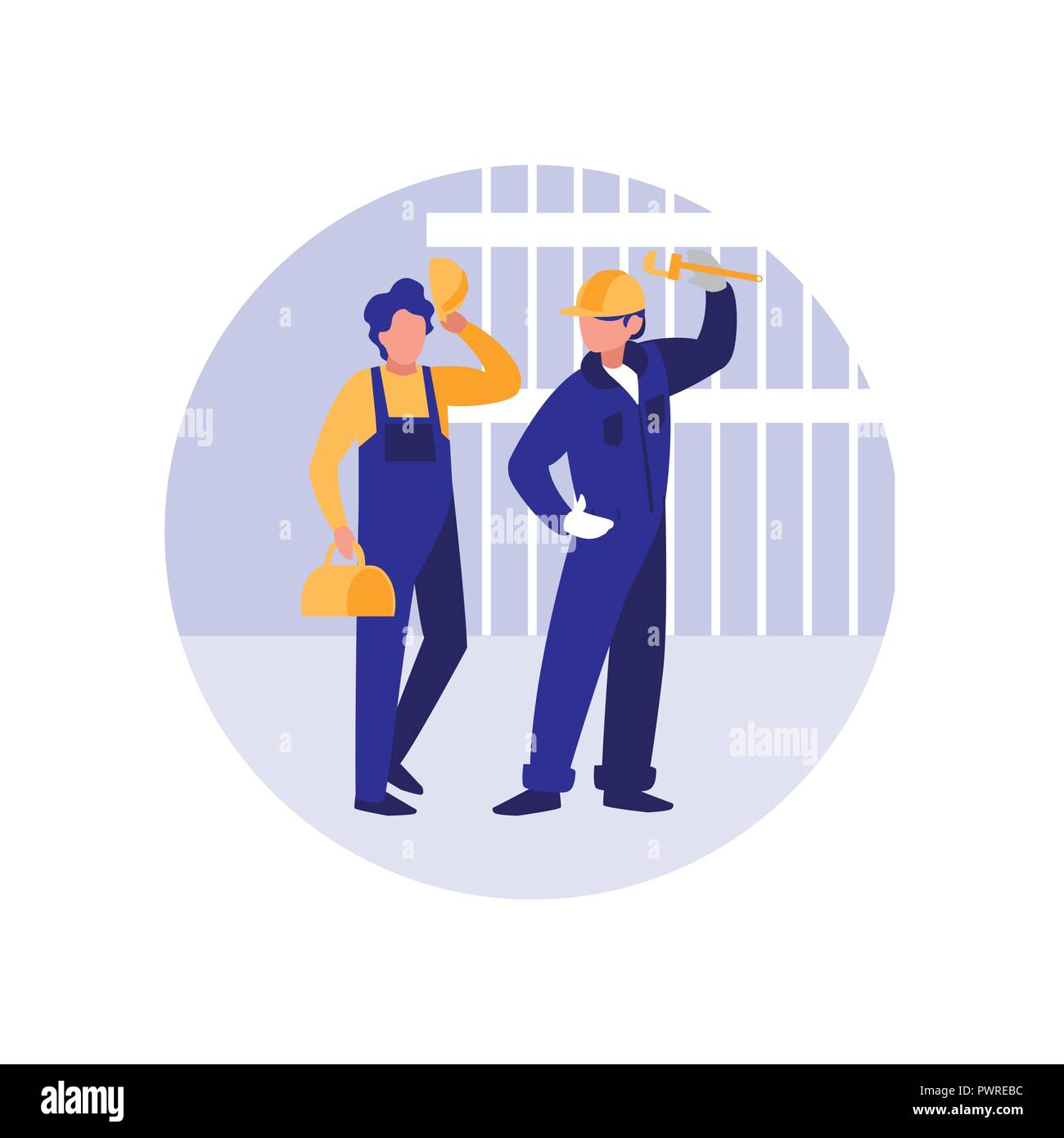 construction workers with tools over white background, colorful design. vector illustration Stock Vector