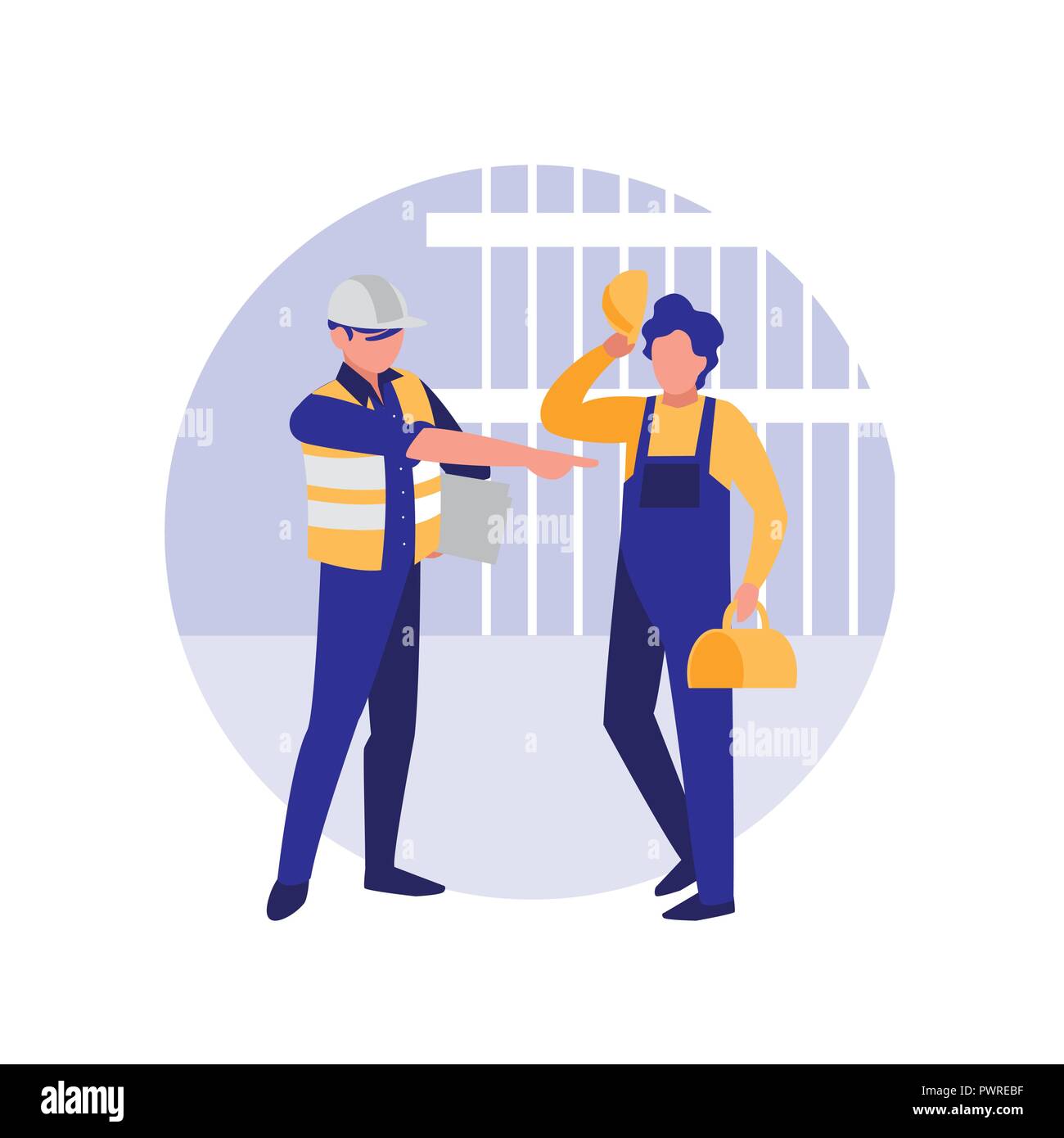 construction workers with tools over white background, colorful design. vector illustration Stock Vector