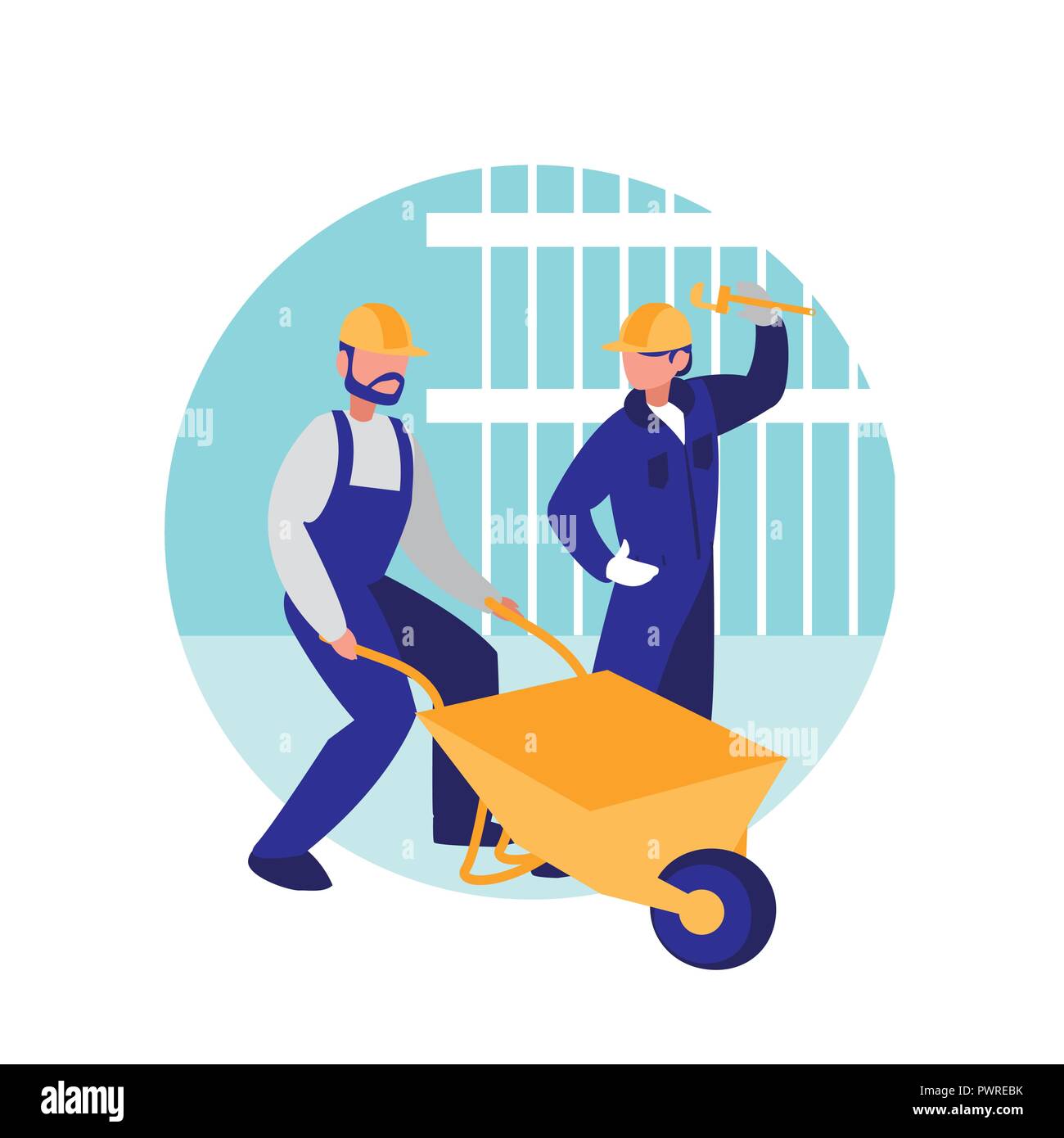 construction workers with tools over white background, colorful design. vector illustration Stock Vector