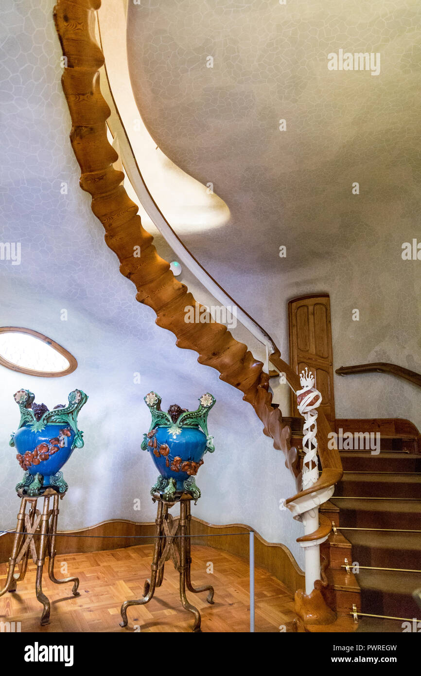 Skeletal spine-like staircase inside of Casa Batllo in Barcelona, Spain Stock Photo