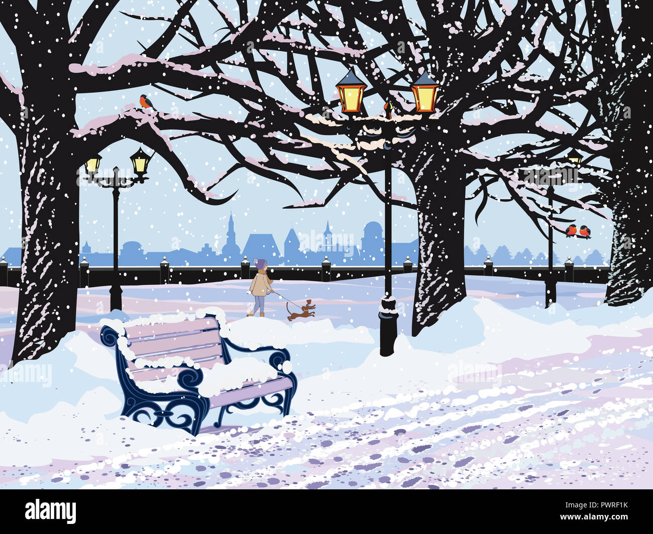 Vector winter landscape with snowy park in the evening Stock Photo - Alamy