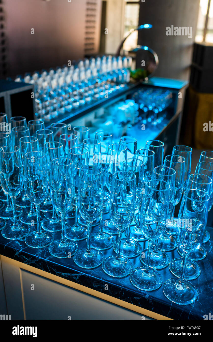 Crystal champagne and wine glasses at the event Stock Photo Alamy