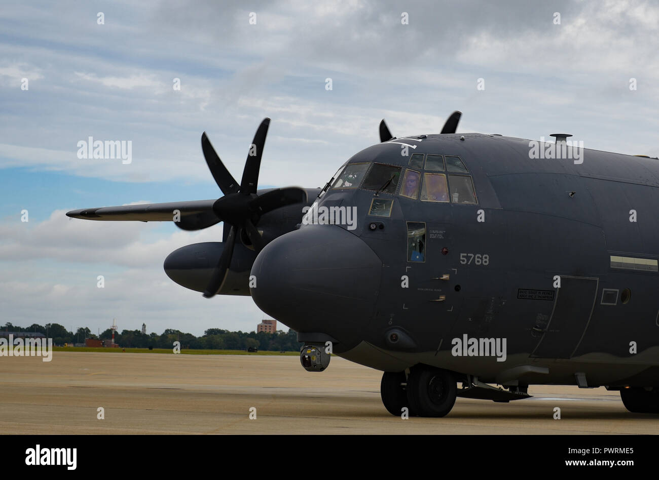 A U.S. Air Force HC-130J Combat King II from the 71st Rescue Squadron prepares to taxi at Joint Base Langley-Eustis, Virginia, Oct. 17, 2018. The 71st RQS is supporting Tyndall Air Force Base, Florida, recovery efforts. (U.S. Air Force photo by Staff Sgt. Carlin Leslie/Released) Stock Photo