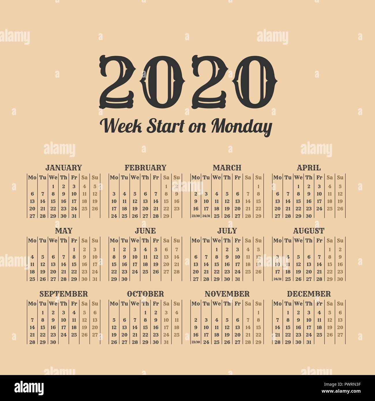 2020 Year Retro Calendar Weeks Start On Monday Stock Vector Image Art Alamy calendario retro