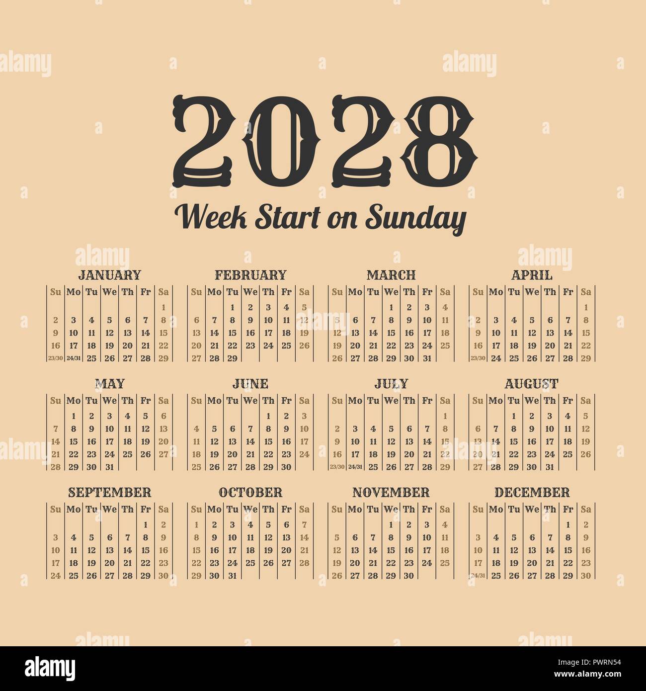 2028 Year Retro Calendar Weeks Start On Sunday Stock Vector Image