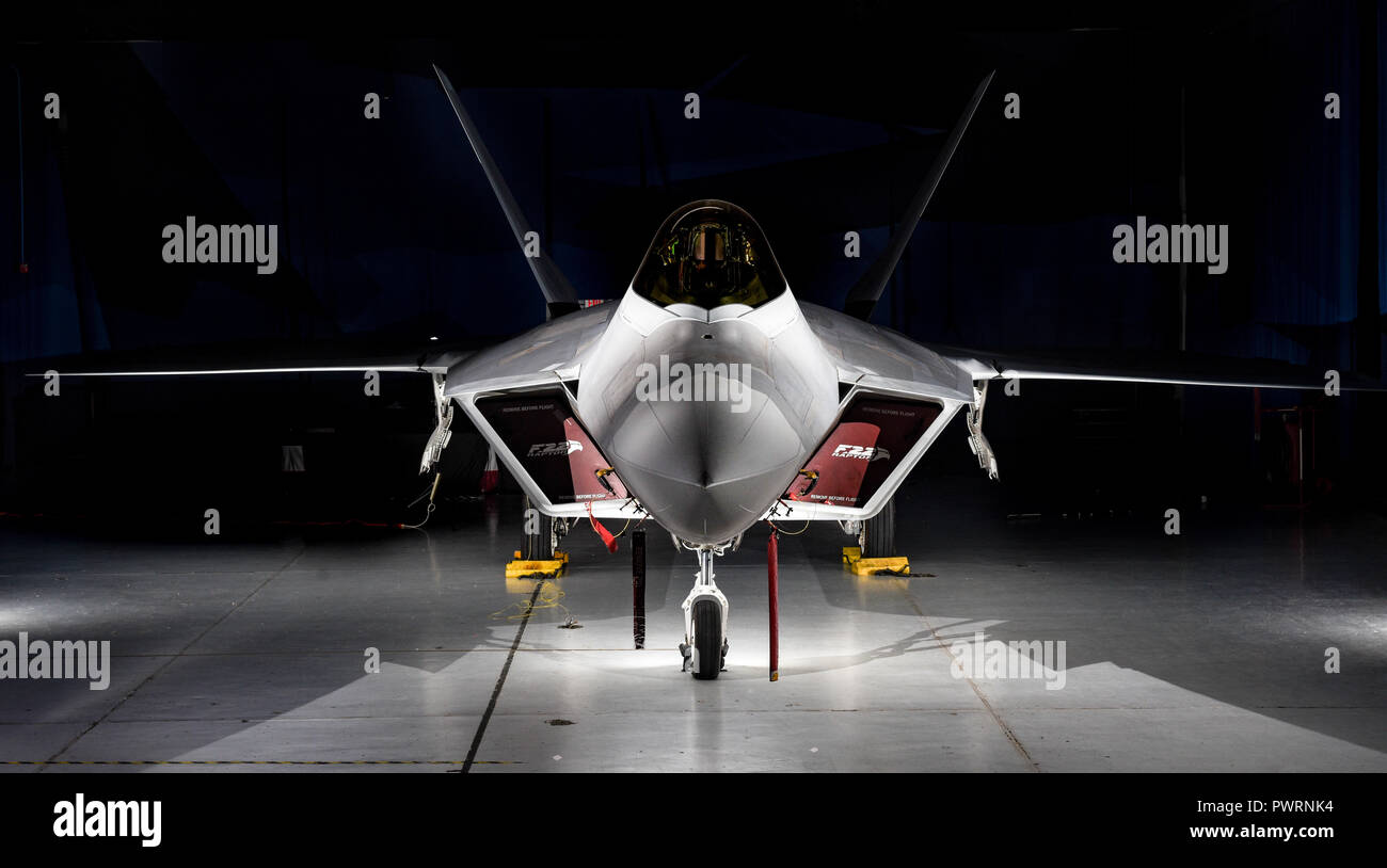 An F22 Raptor from the 1st Fighter Wing is on display in the static