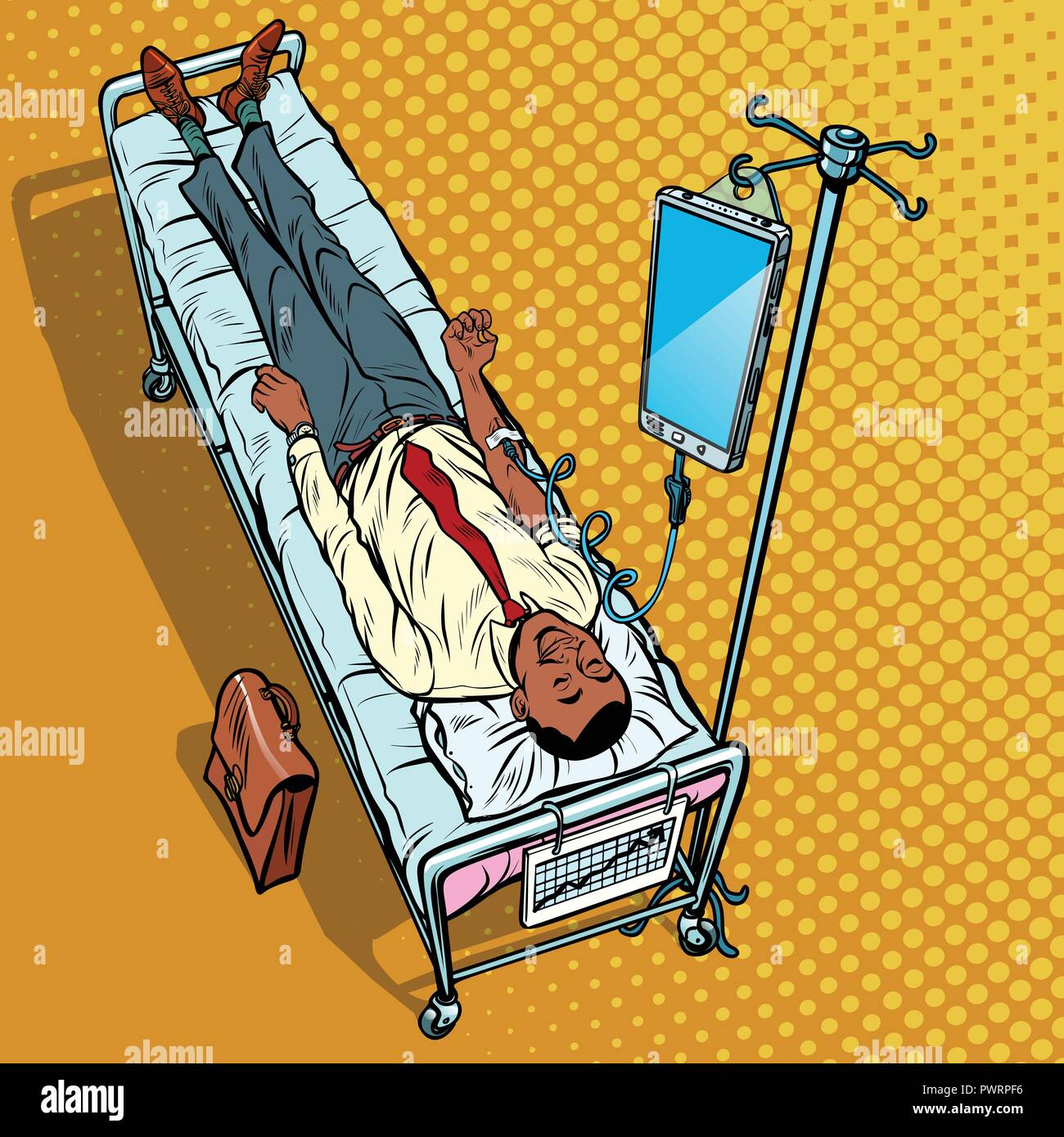 Dependency on gadgets concept. African man under medical dropper Stock Vector
