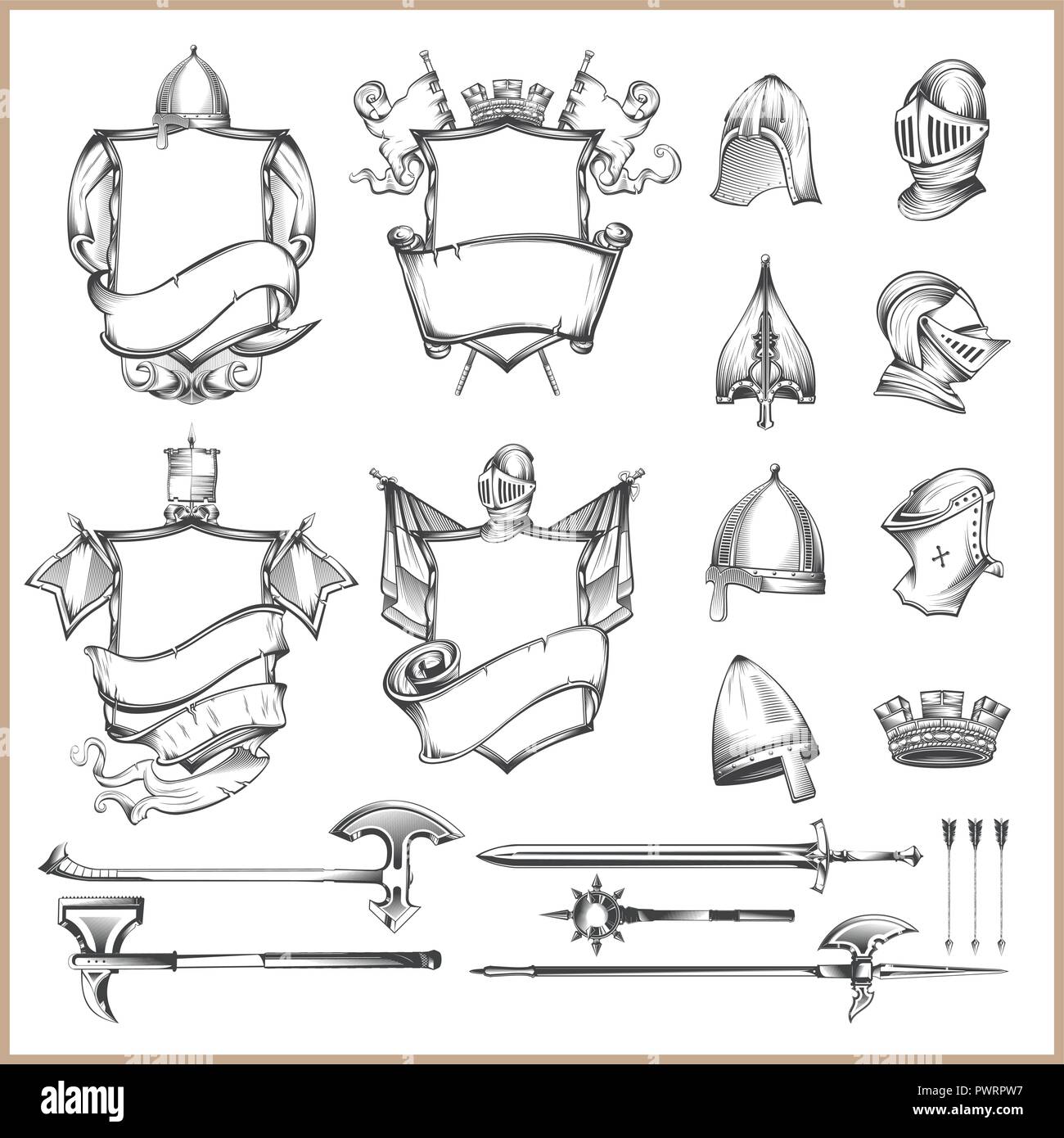 Collection of vector heraldic elements, helmets and medieval weapons vector elements to create a coat of arms Stock Vector