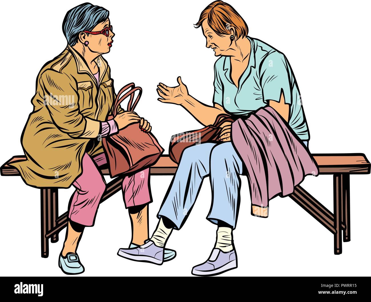 two elderly women sitting on a bench Stock Vector