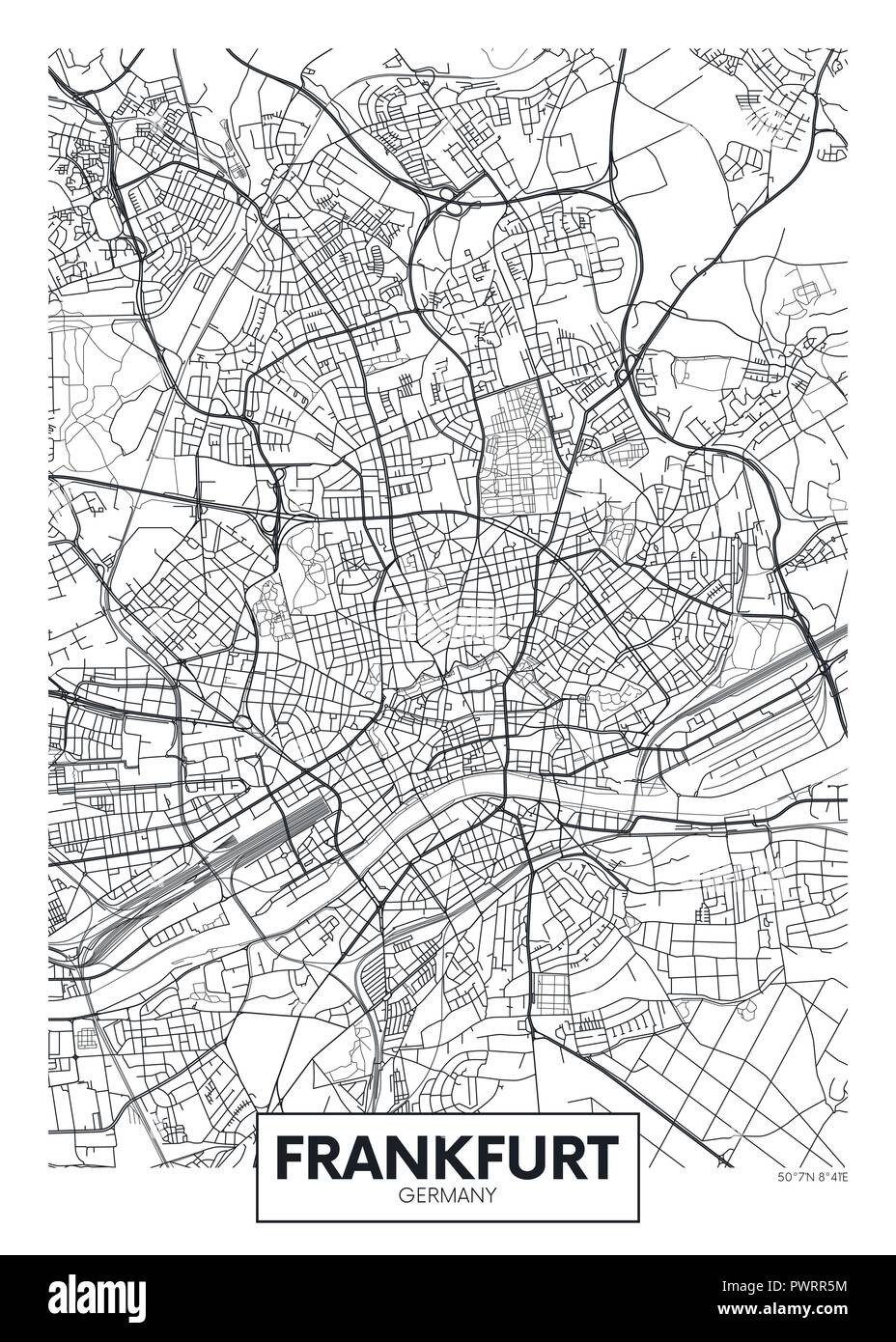Detailed vector poster city map Frankfurt detailed plan of the city, rivers and streets Stock Vector