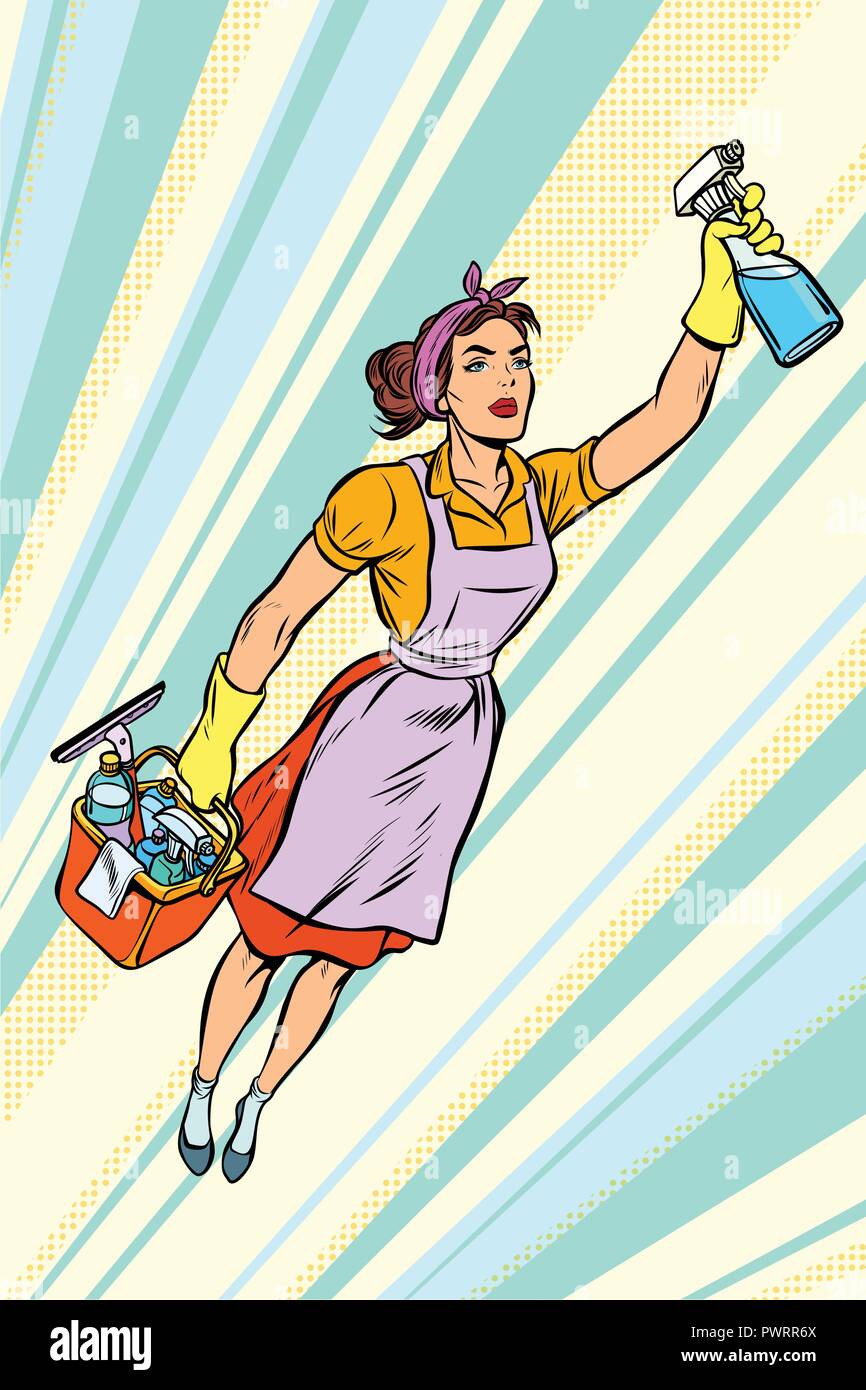 woman cleaner, superhero flying. service Stock Vector