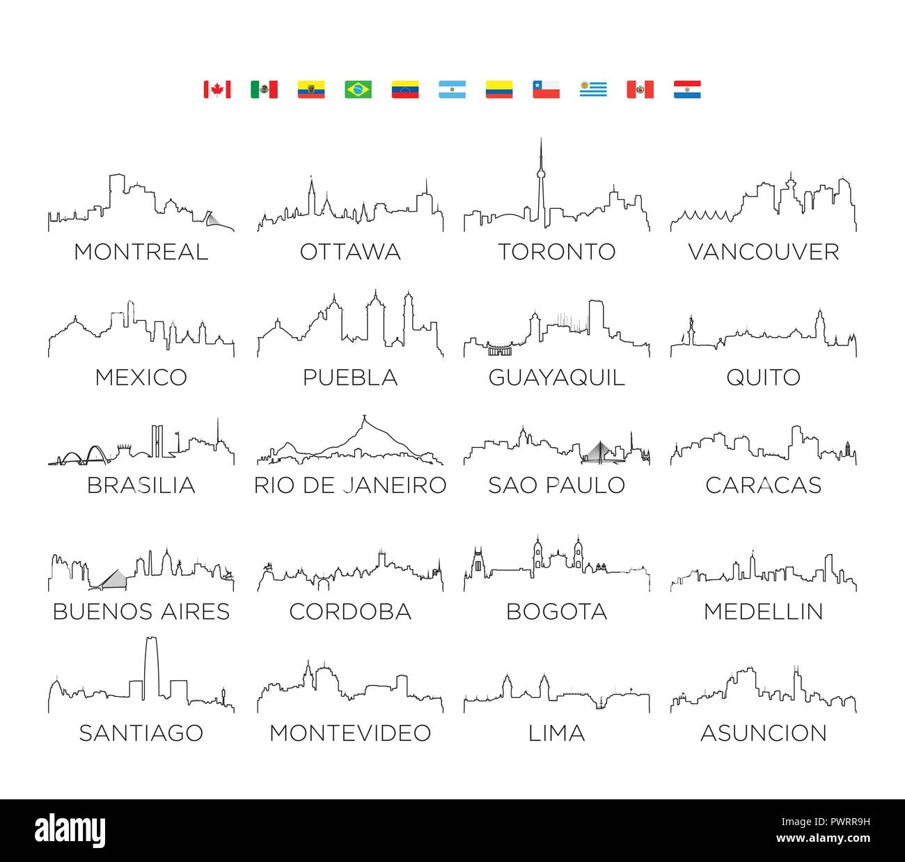 North and South America skyline city line art, vector Illustration design set of vector city silhouettes Stock Vector