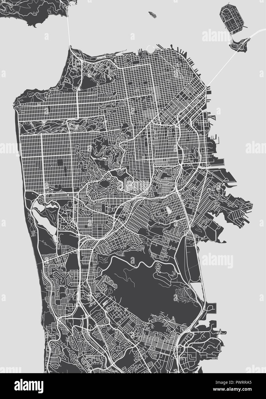 San Francisco city plan, detailed vector map detailed plan of the city, rivers and streets Stock Vector