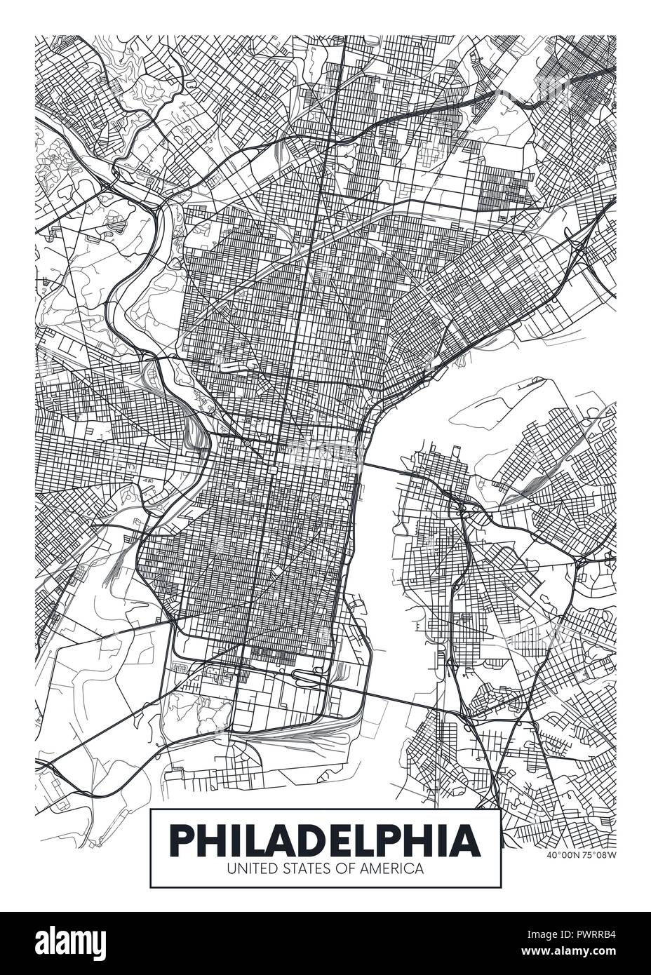 Vector poster map city Philadelphia detailed plan of the city, rivers and streets Stock Vector