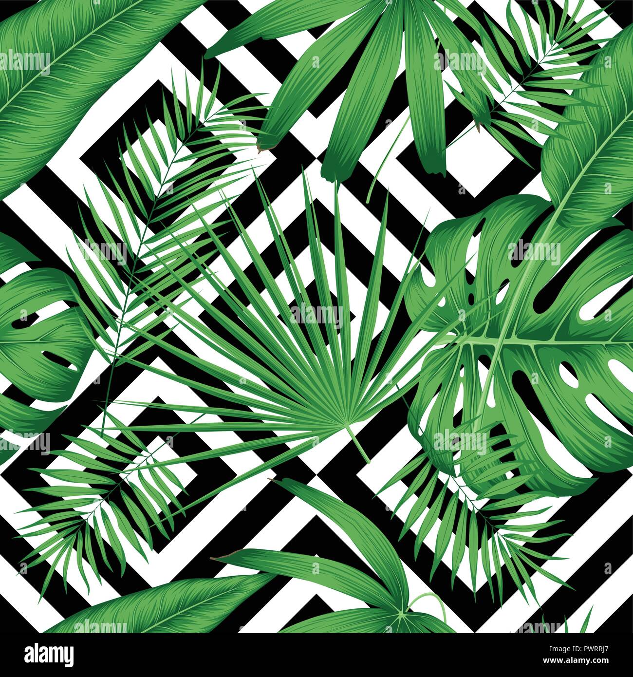Exotic vector seamless pattern with tropical leaves on a geometric background template for your design Stock Vector