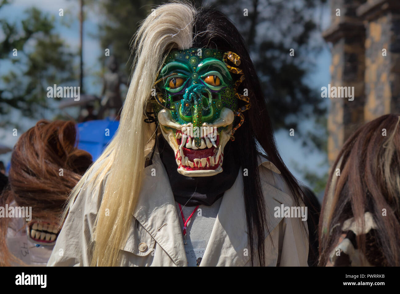 Terrifying traditional mexican carnival tastoan mask in the magical town of Tonala, Jalisco, Mexico Stock Photo