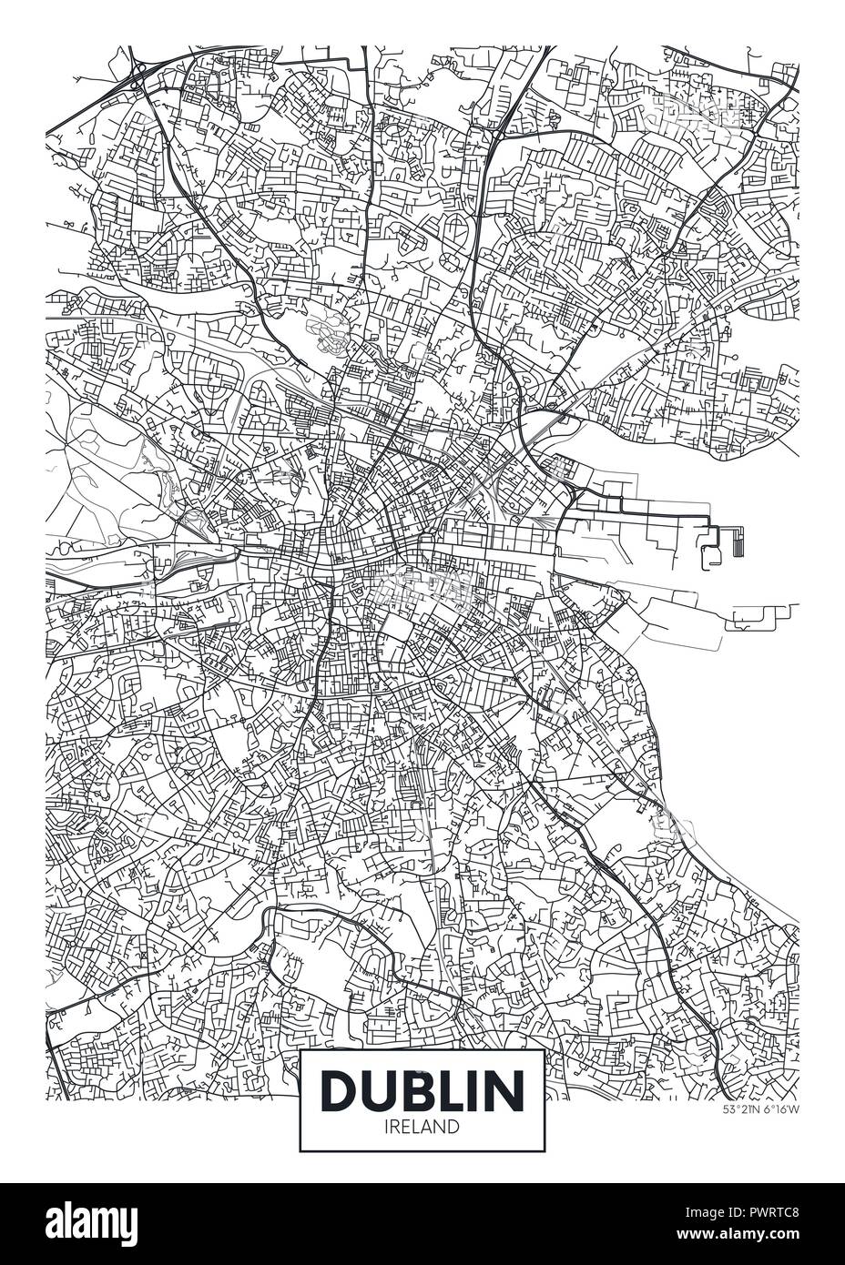 Vector poster detailed city map Dublin detailed plan of the city, rivers and streets Stock Vector