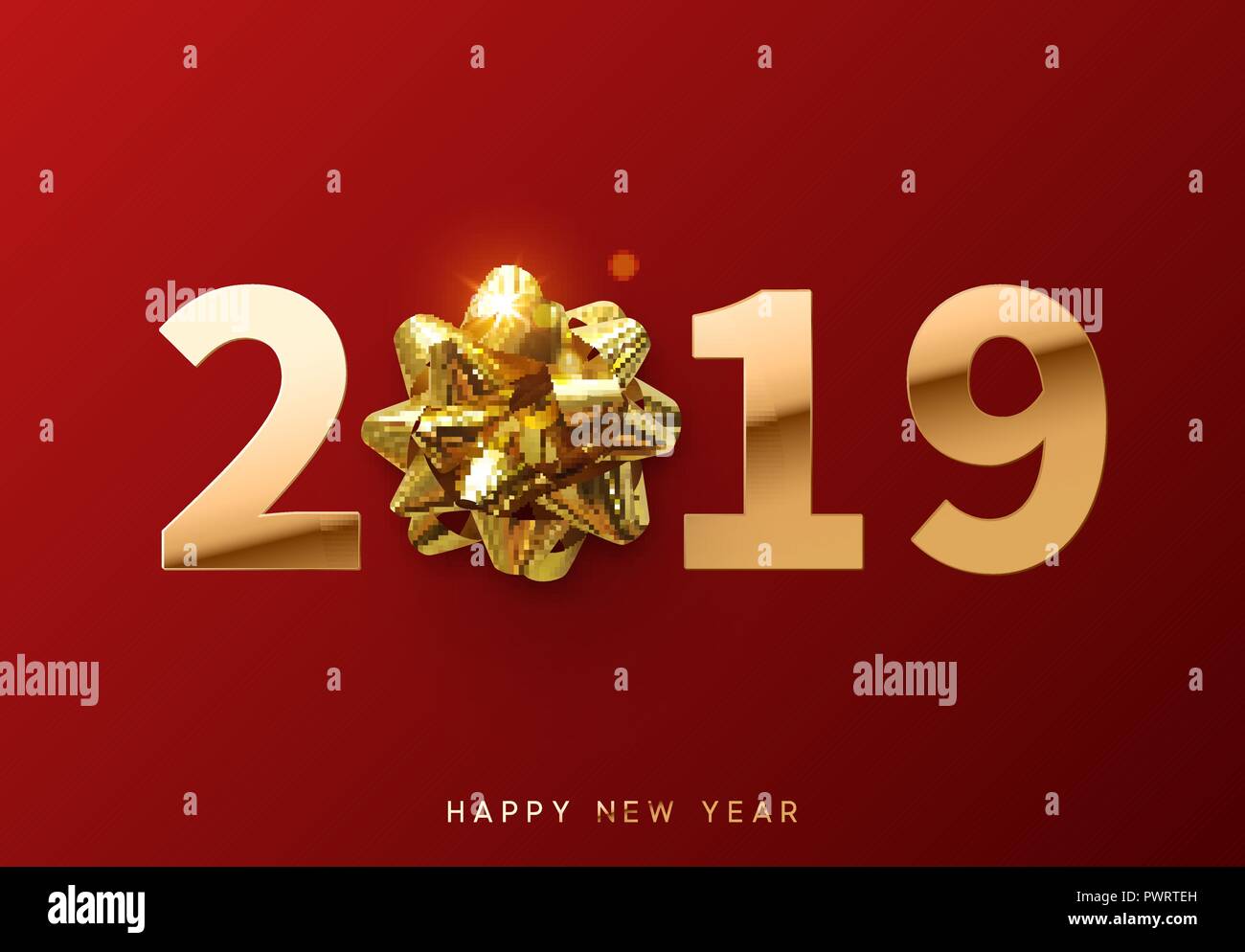 2019 Happy New Year. Gold number with golden gift bow, Stock Vector