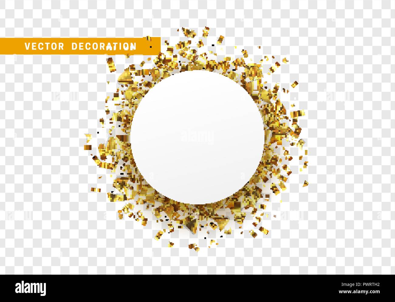 Golden celebration background with confetti gold tinsel. Round white paper frame, bubble for text. Isolated on transparent background Stock Vector