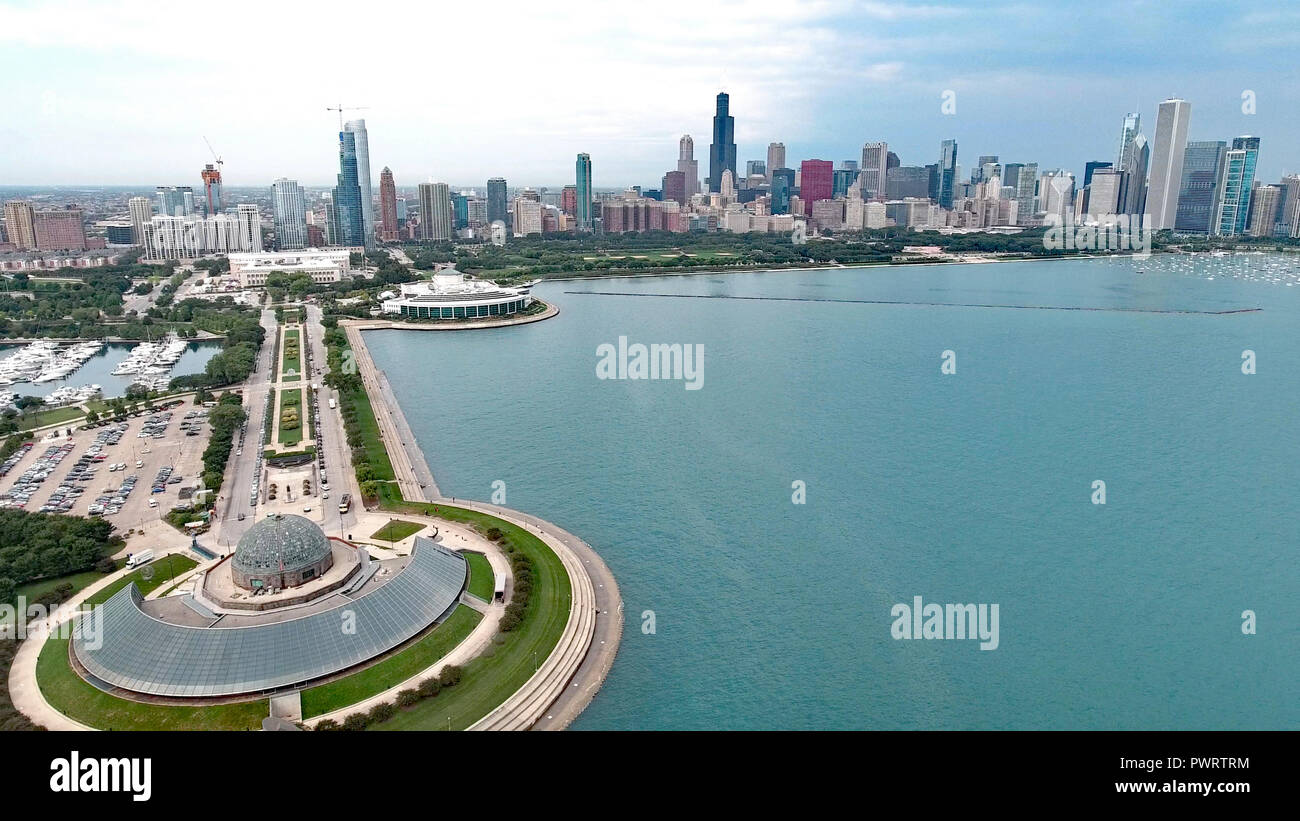 Chicago, Illinois lakefront aerial seen from the shores of Lake Michigan in late summer. Stock Photo
