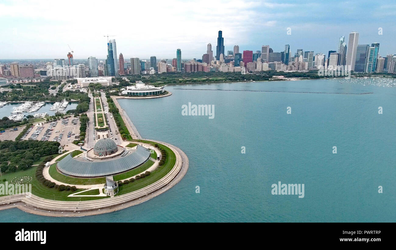 Chicago, Illinois lakefront aerial seen from the shores of Lake Michigan in late summer. Stock Photo