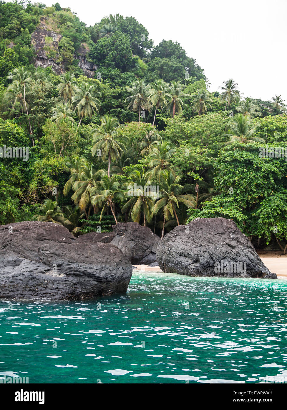 Tropical forest and white sand beach off Principe Island Stock Photo