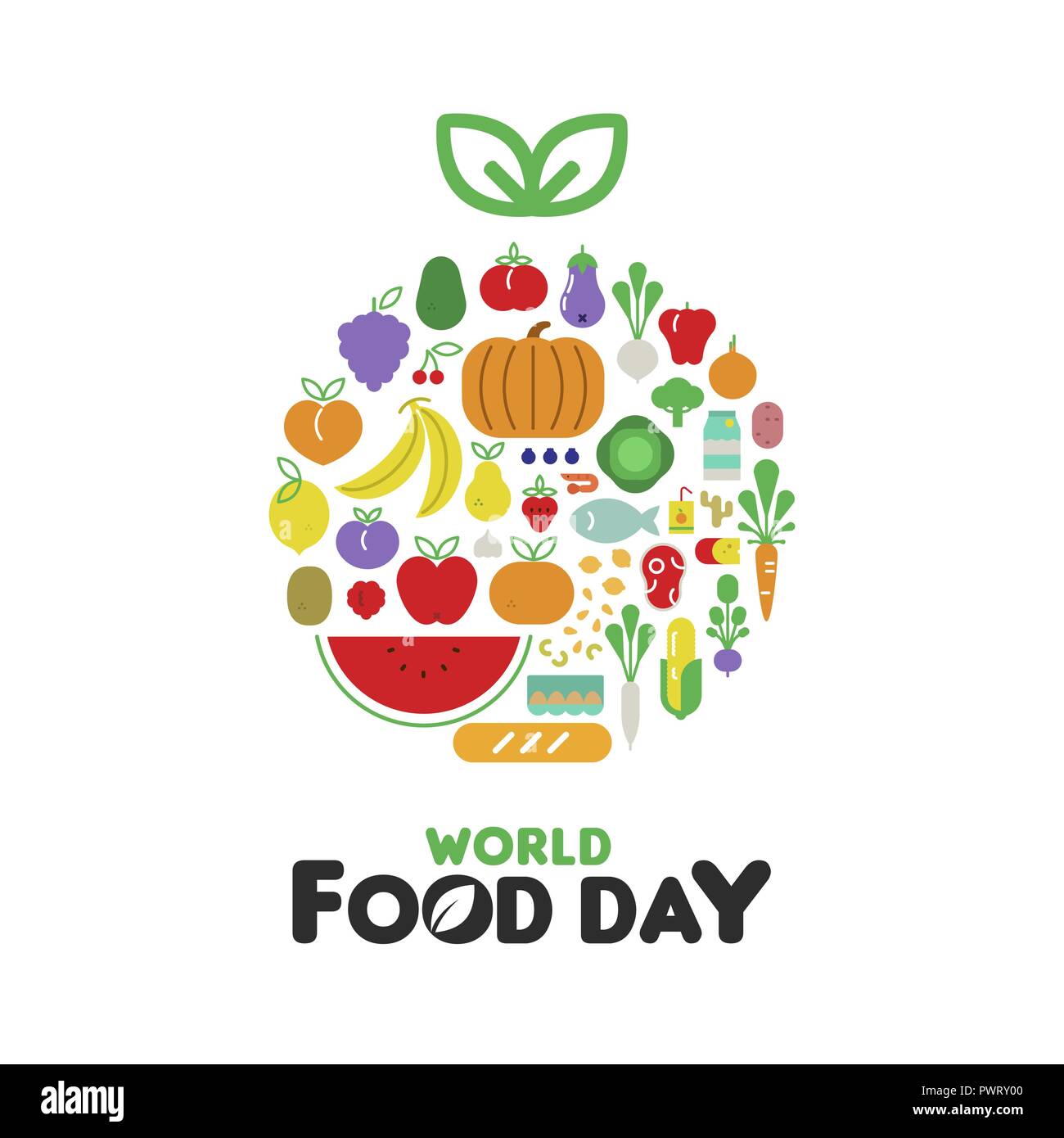 World Food Day greeting card illustration for nutrition and healthy diet  with colorful flat cartoon icons. Includes vegetables, fruit, bread, meat  Stock Vector Image & Art - Alamy