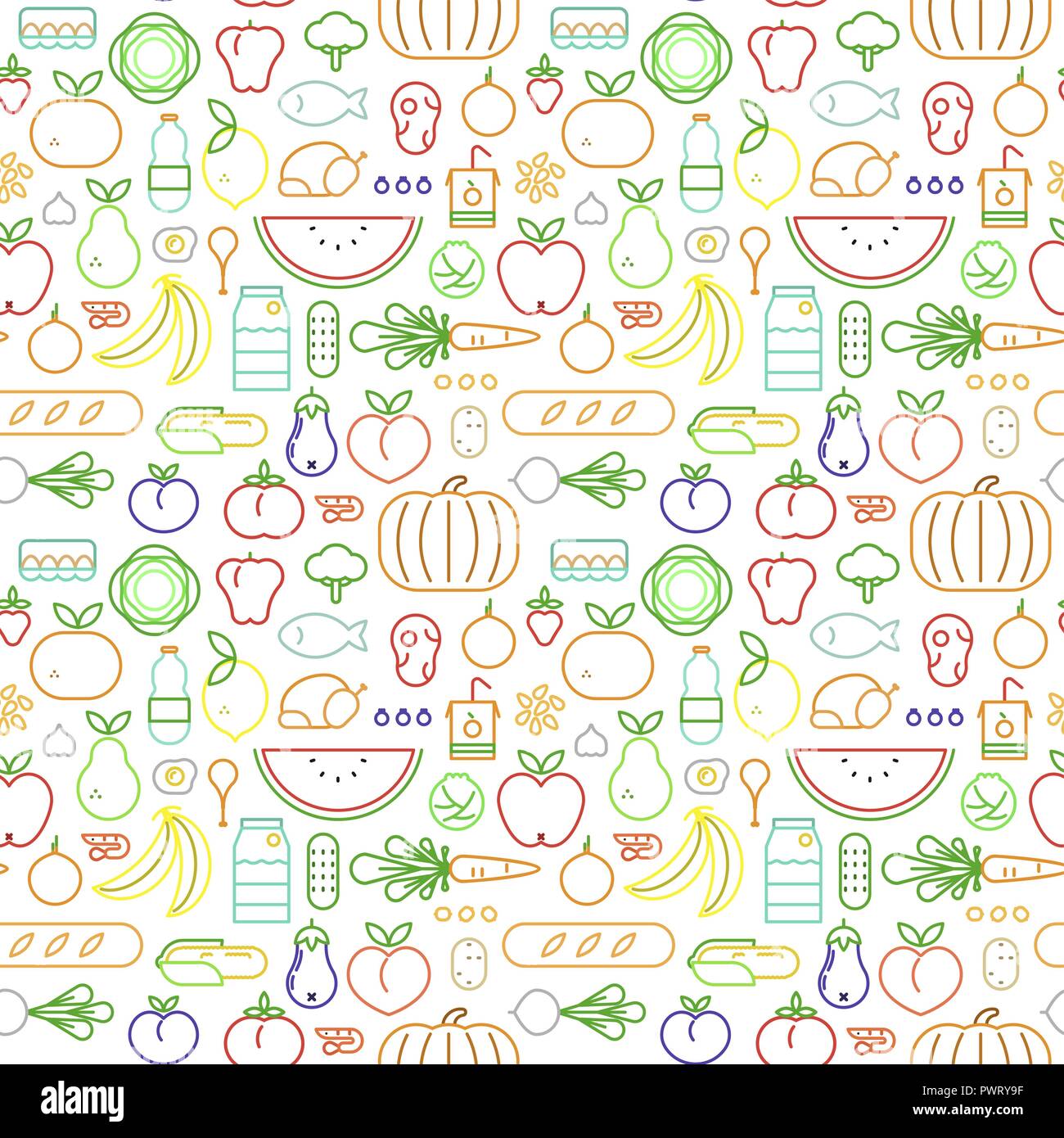 Food icon seamless pattern with colorful outline style symbols. Healthy eating or balanced nutrition concept background. Includes fruit, vegetables, m Stock Vector