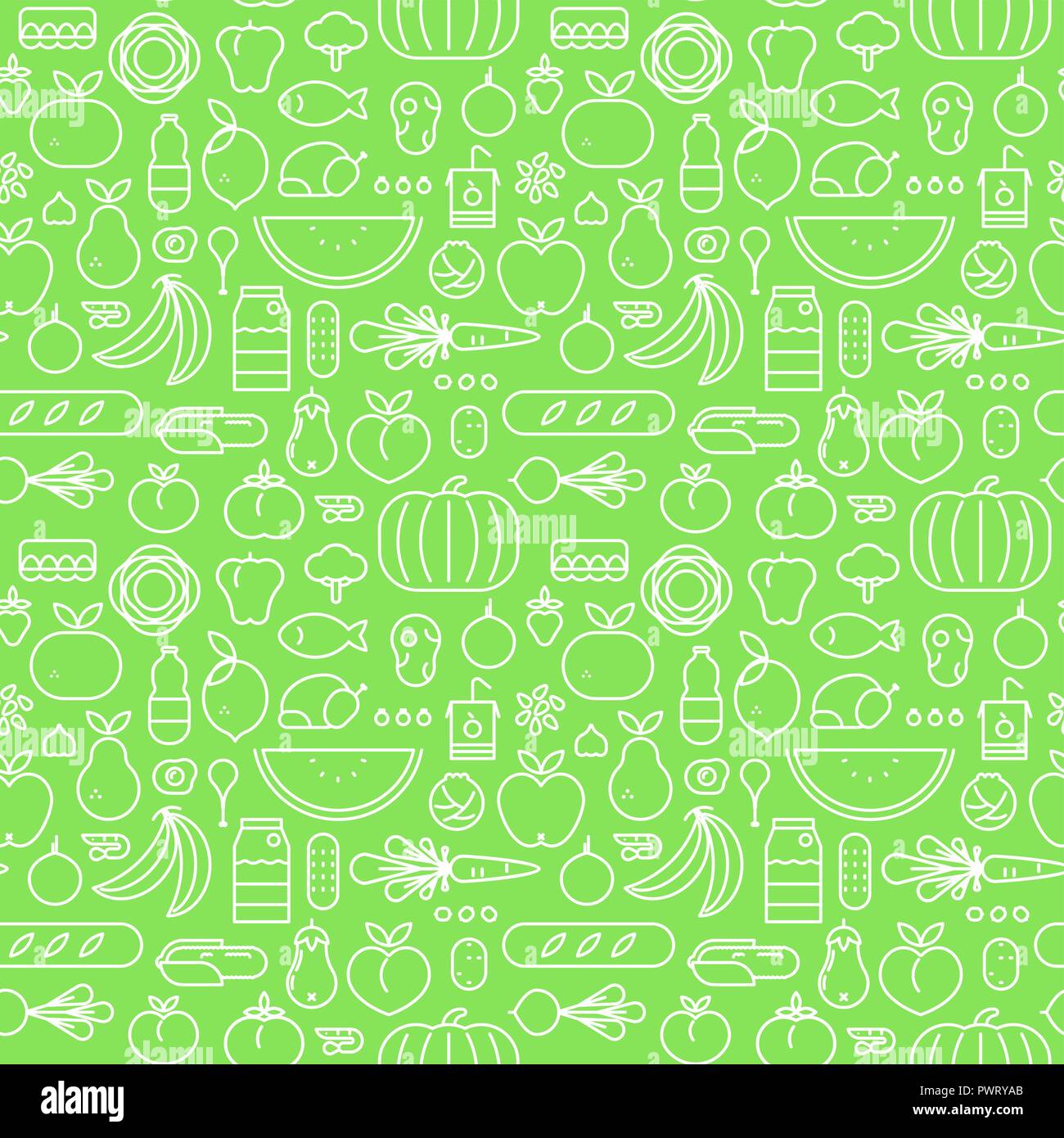 Food icon seamless pattern with green outline symbols. Healthy eating or organic nutrition concept background. Includes fruit, vegetables, meat, bread Stock Vector