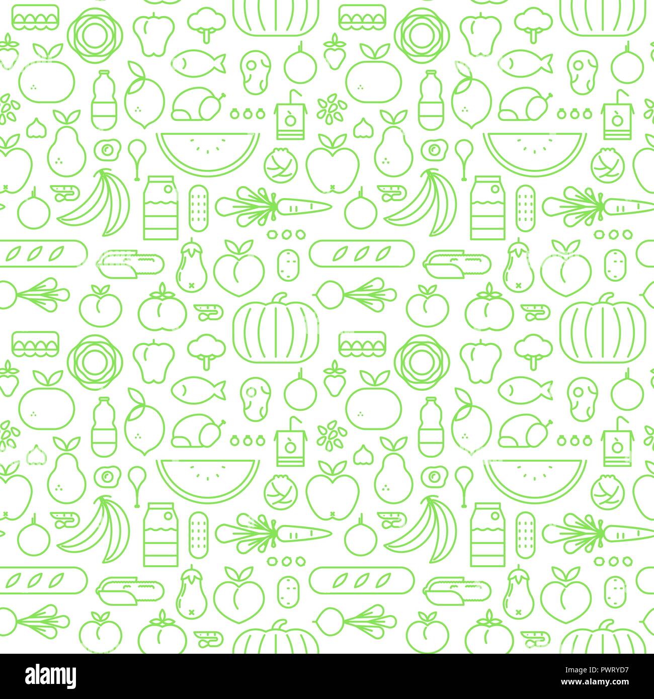 Food icon seamless pattern with green outline symbols. Healthy