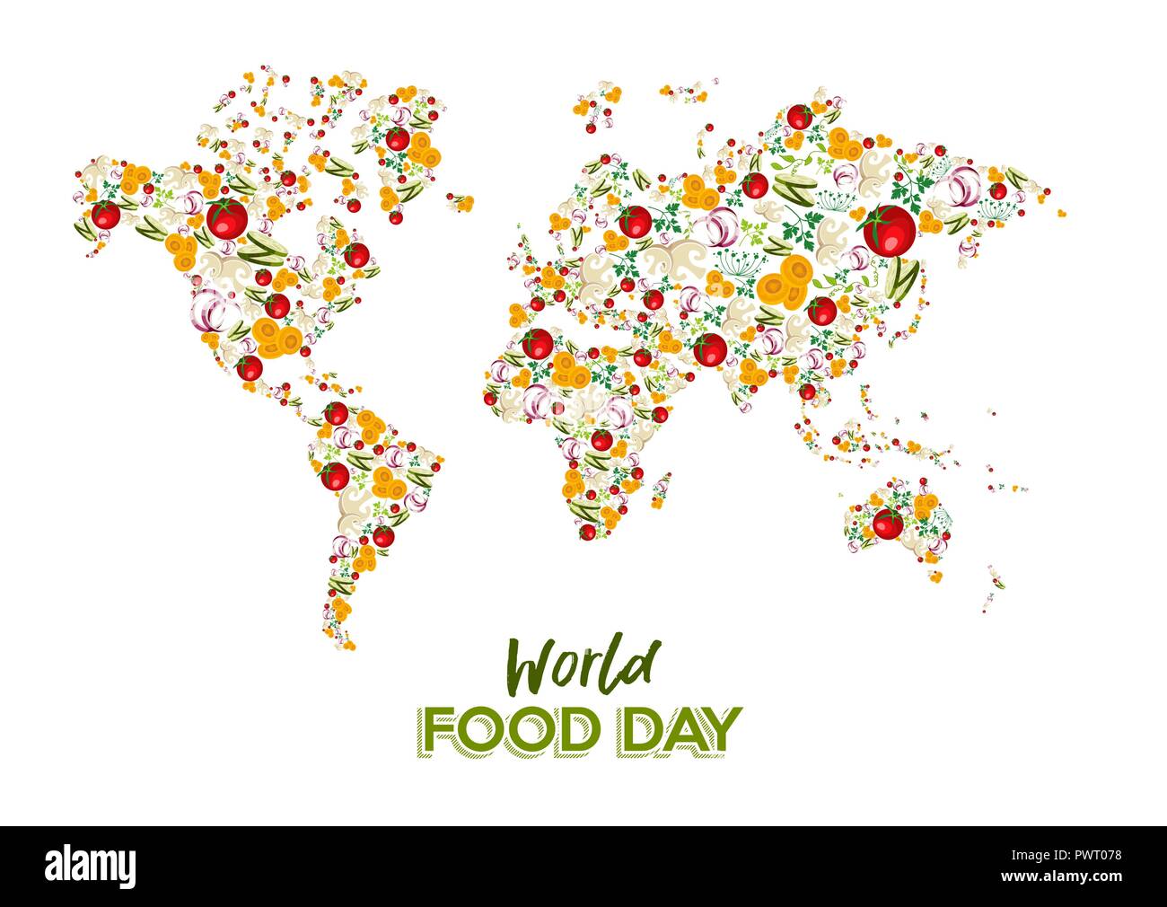 Food Day greeting card illustration for nutrition and healthy diet with vegetable world map concept. Stock Vector
