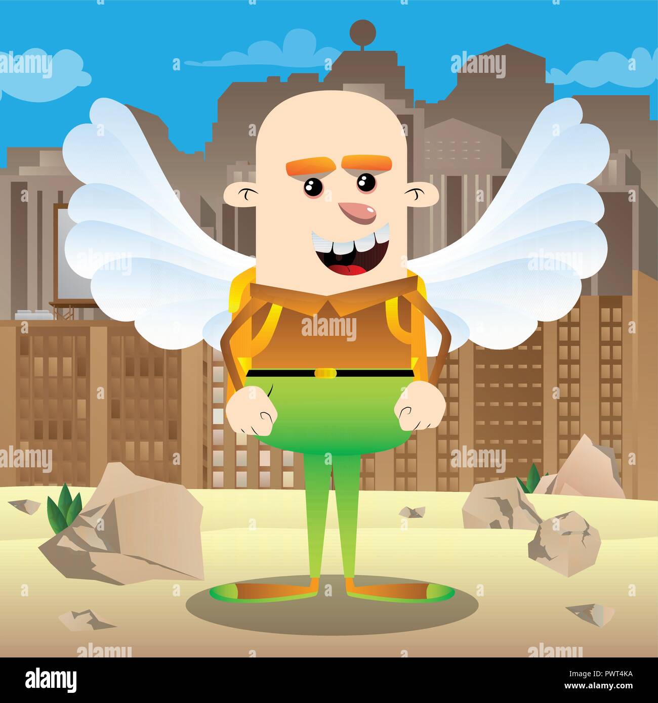 Schoolboy as an angel, with big white wings. Vector cartoon character illustration. Stock Vector