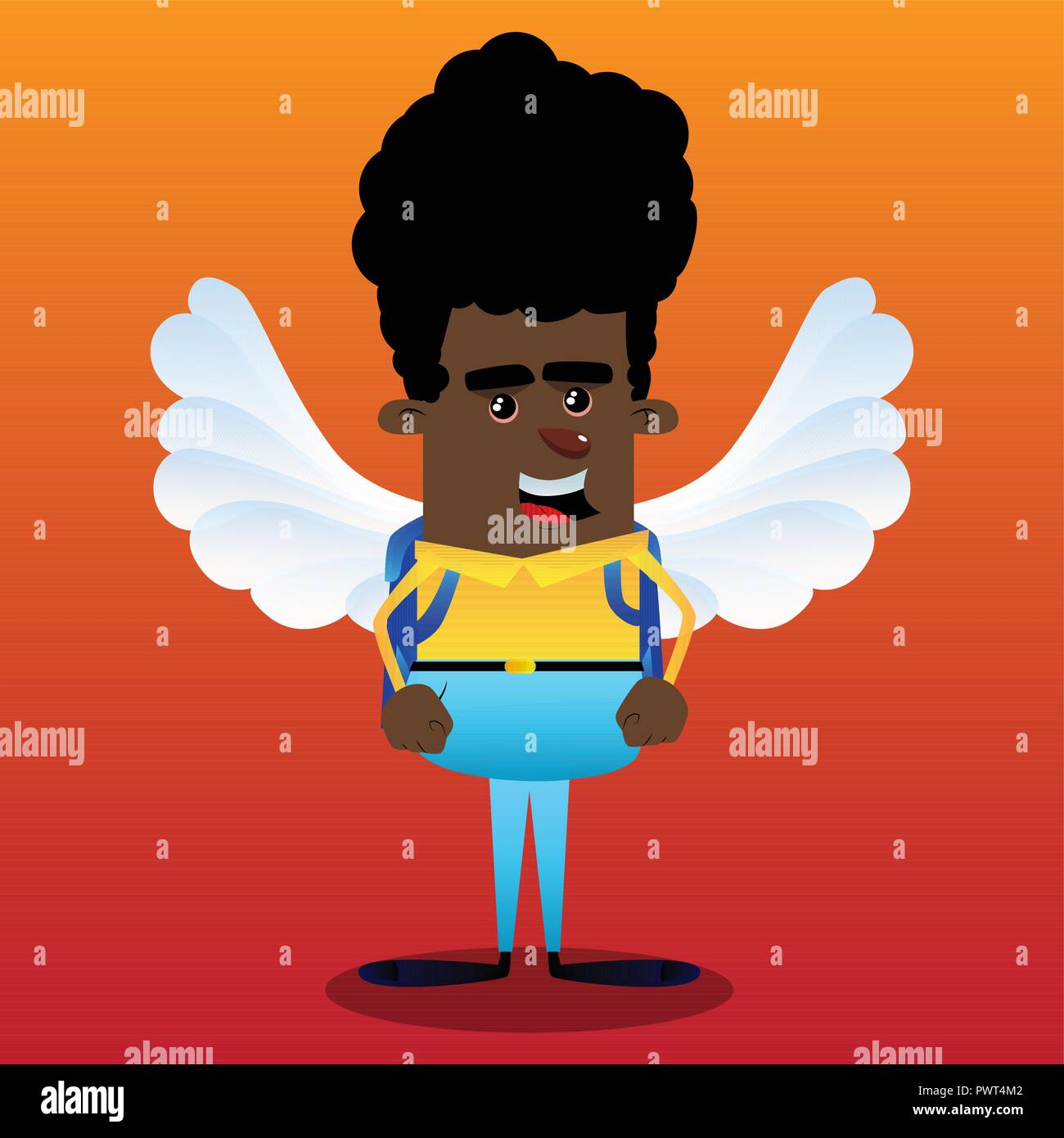 Schoolboy as an angel, with big white wings. Vector cartoon character illustration. Stock Vector