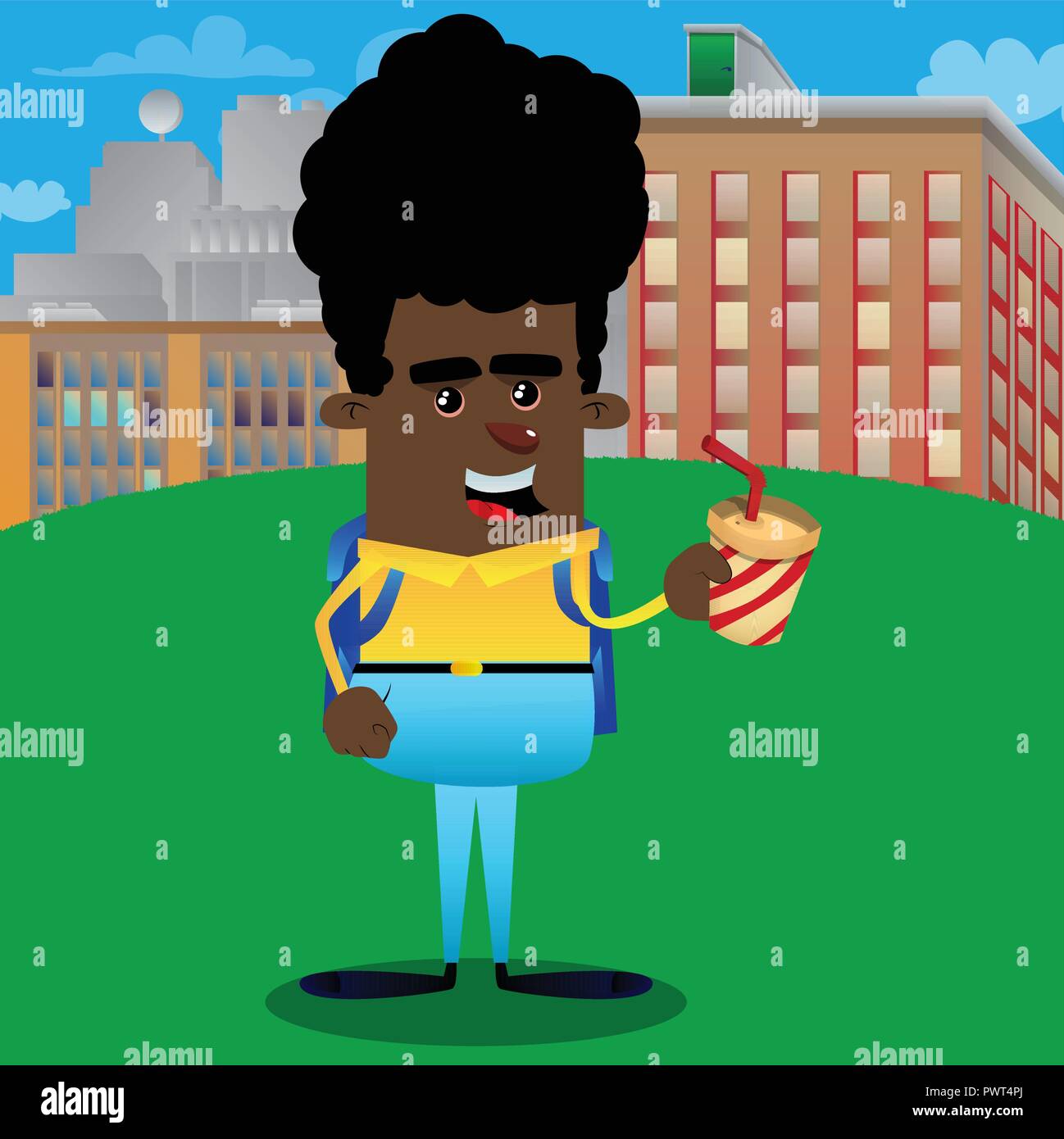 Schoolboy holding a paper cup of coffee. Vector cartoon character ...