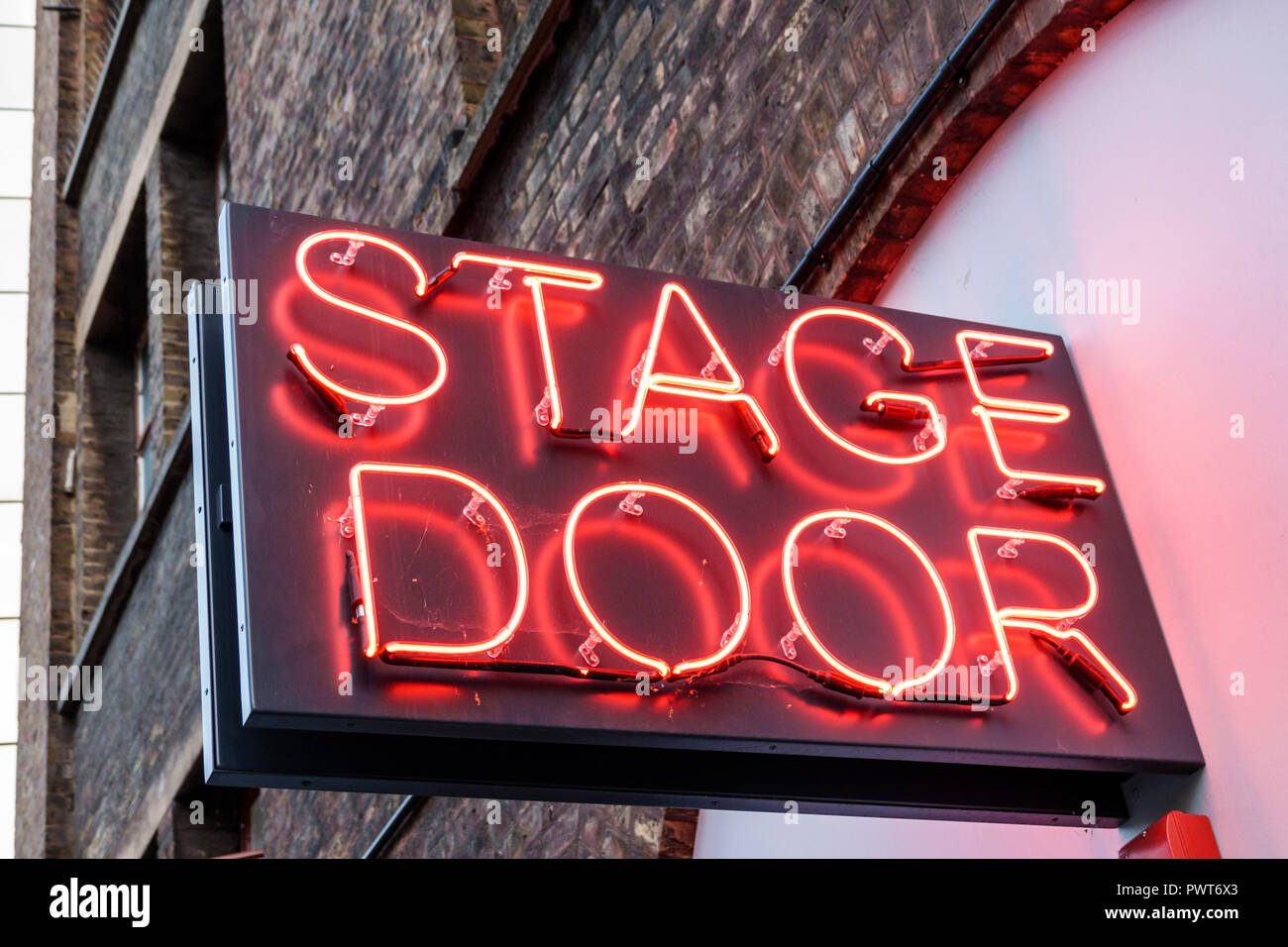 London England,UK,Lambeth,Waterloo,The Old Vic theatre theater,exterior,historic building,Stage Door,neon sign,UK GB English Europe,UK180820149 Stock Photo
