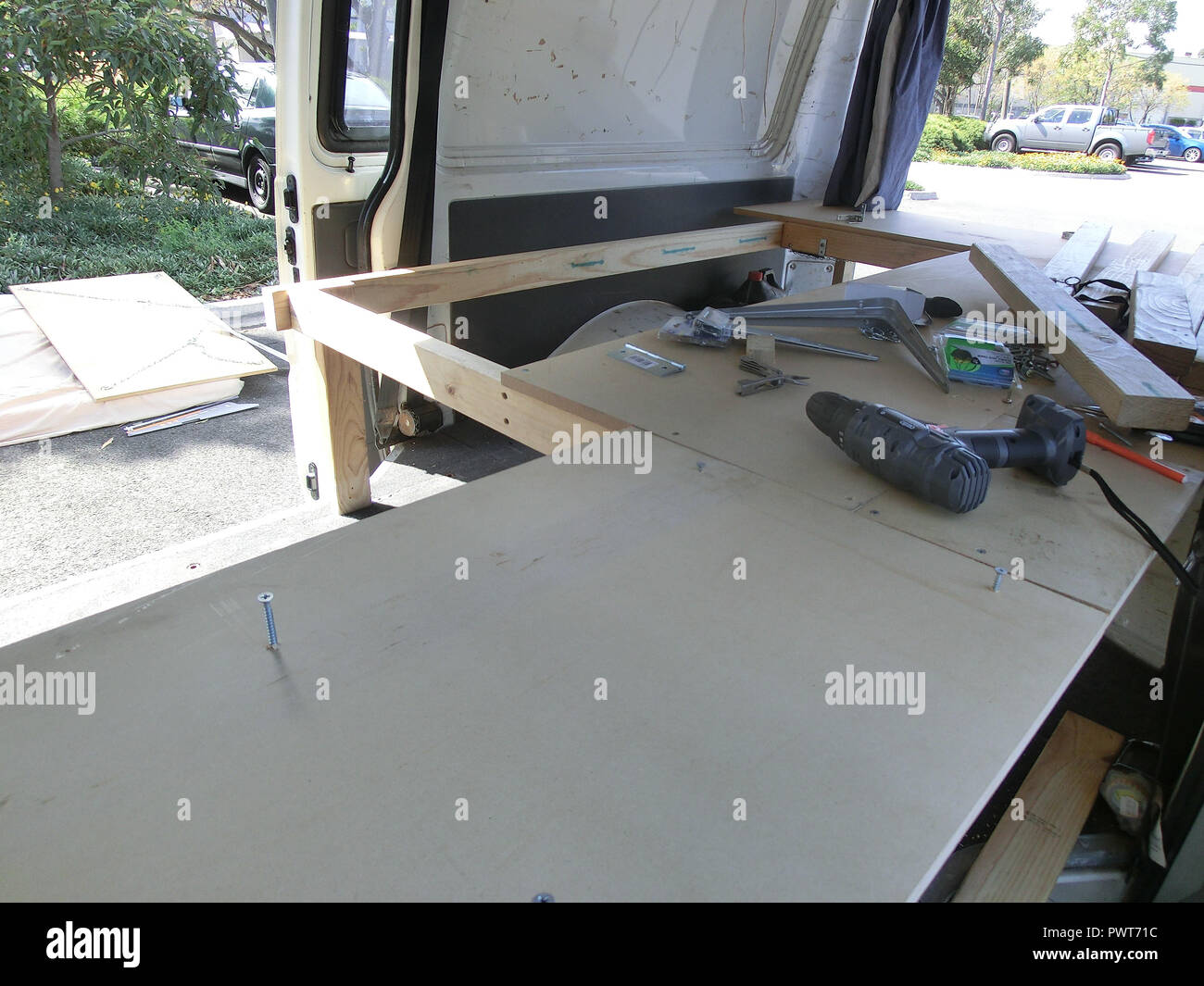 construction of a bed in a campervan Stock Photo Alamy