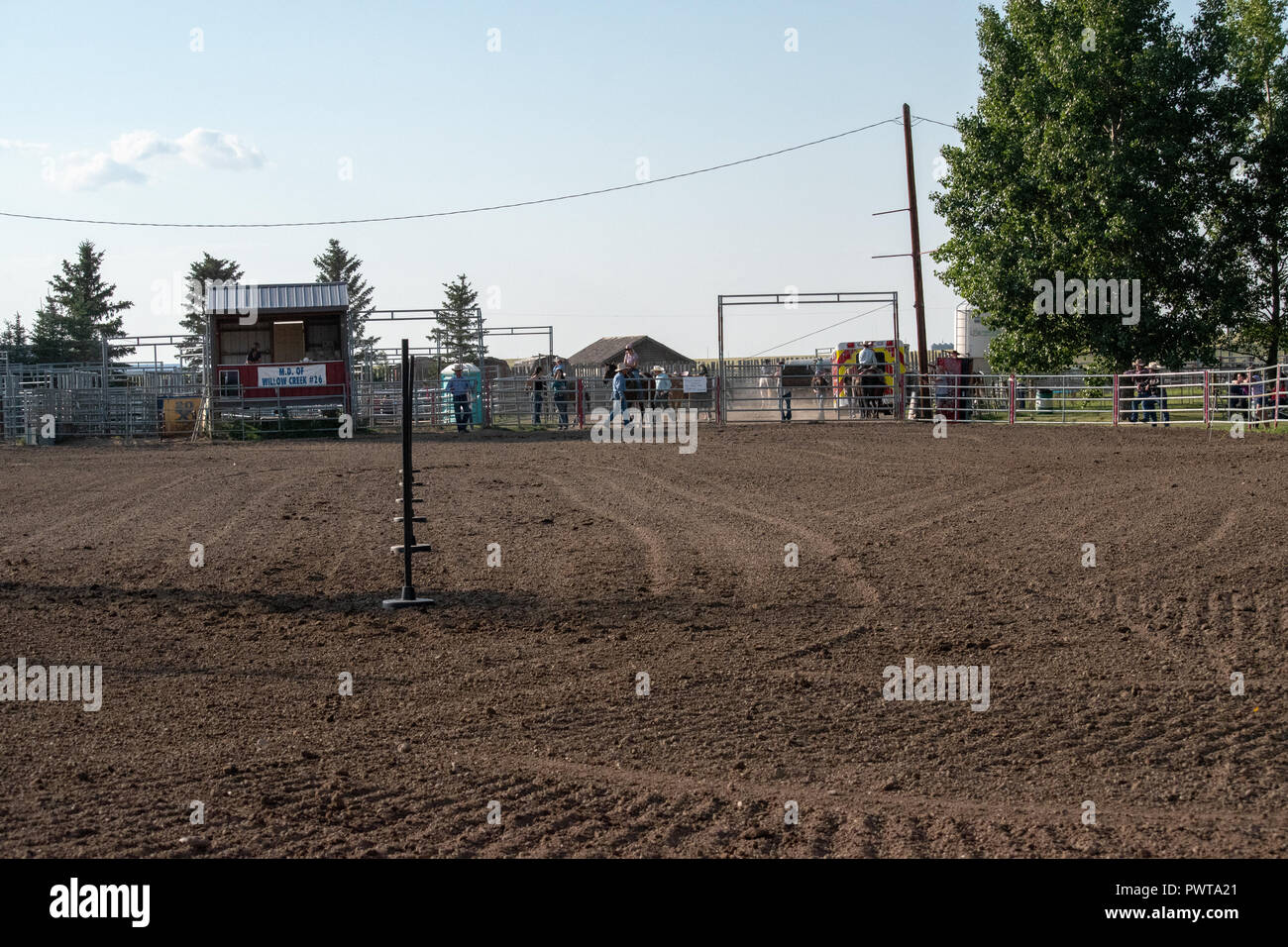 Arena ready for the pole bending competition at the Nanton Nite Rodeo ...