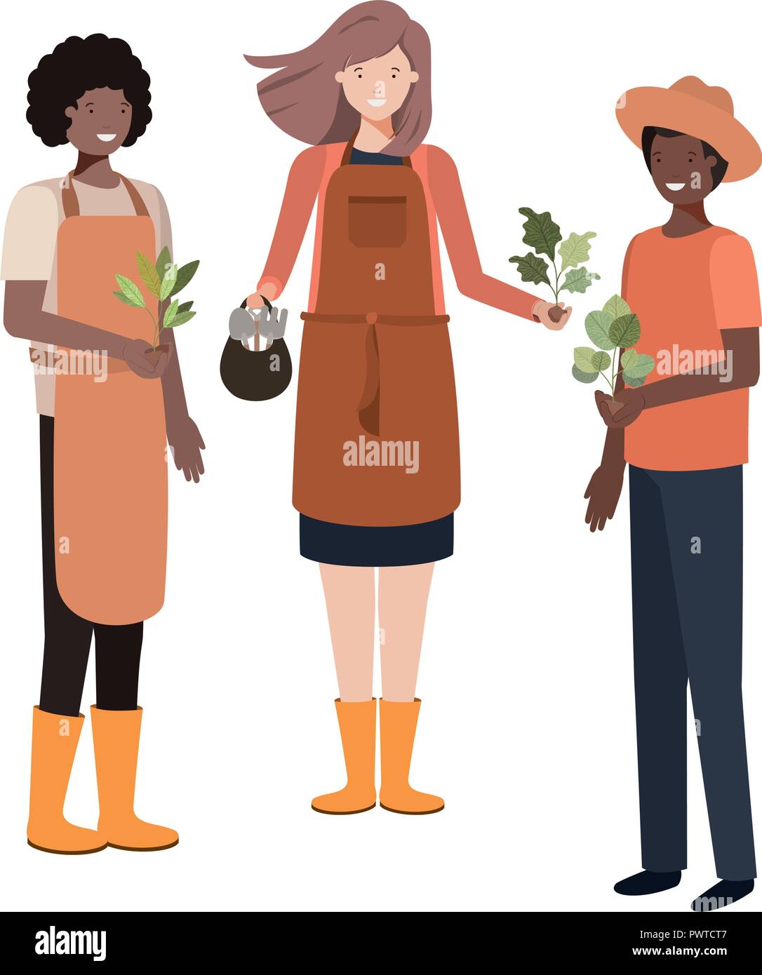 group of people gardeners smiling avatar character Stock Vector