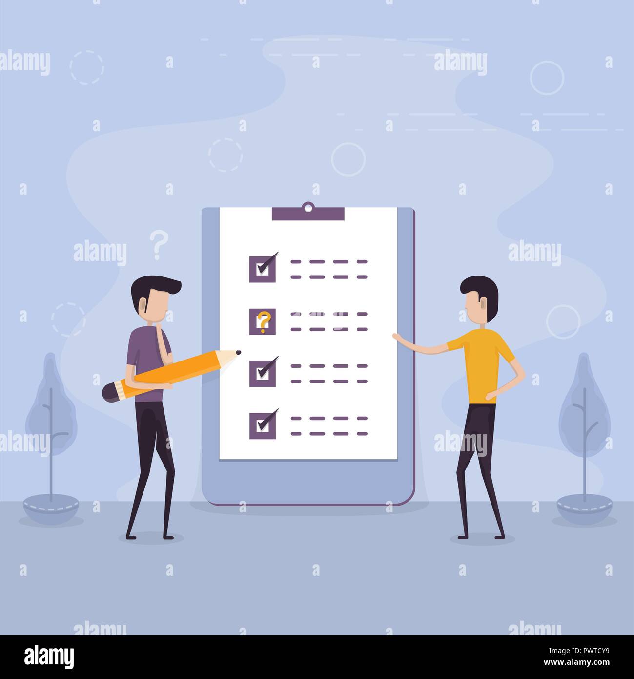 Businessmen holding giant pencil and big checklist.Marked checklist & a clipboard paper.Business organization & achievements of goals concept.Check li Stock Vector