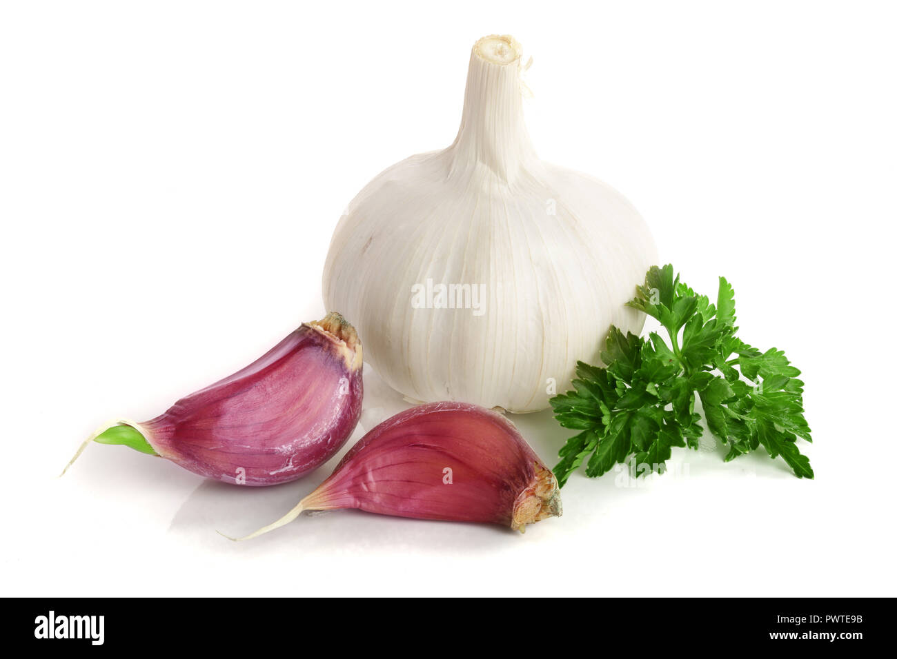 garlic with parsley leaf isolated on white background Stock Photo - Alamy