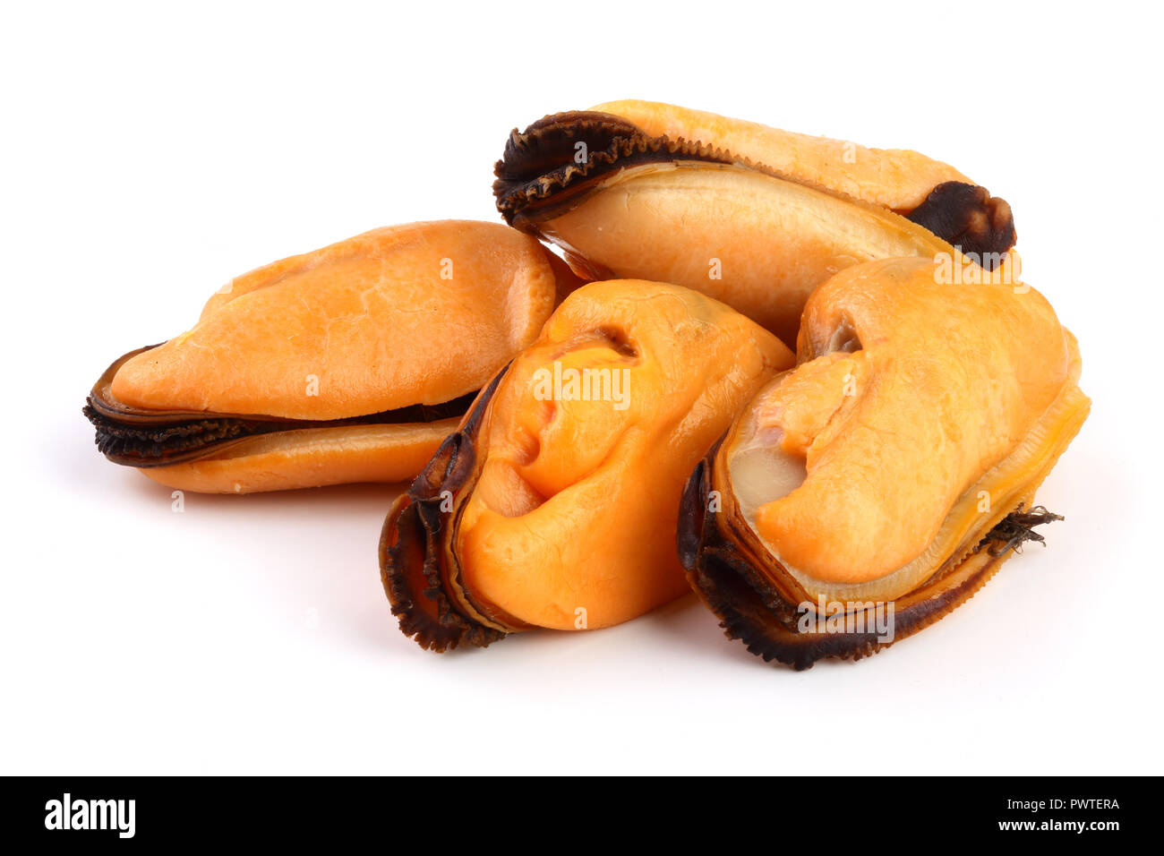 four mussel without shell isolated on white background. Stock Photo