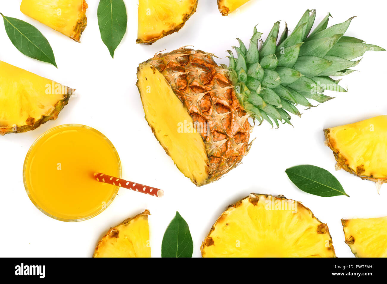 pineapple juice in a glass with pineapple slices isolated on white ...