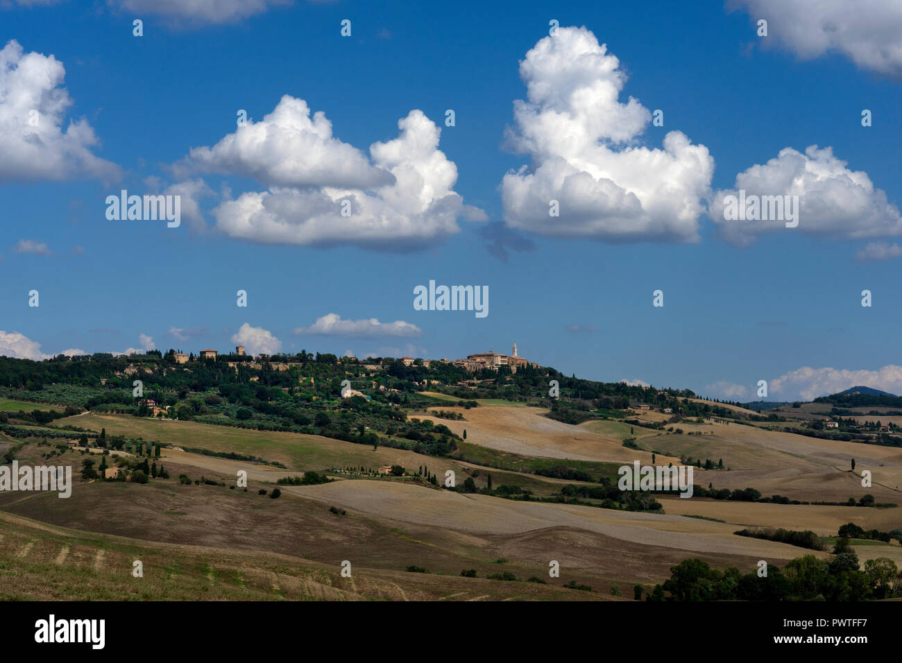 view over tuscan landscape in val d'orcia to hilltop town of Pienza,Tuscany,Italy,Europe Stock Photo