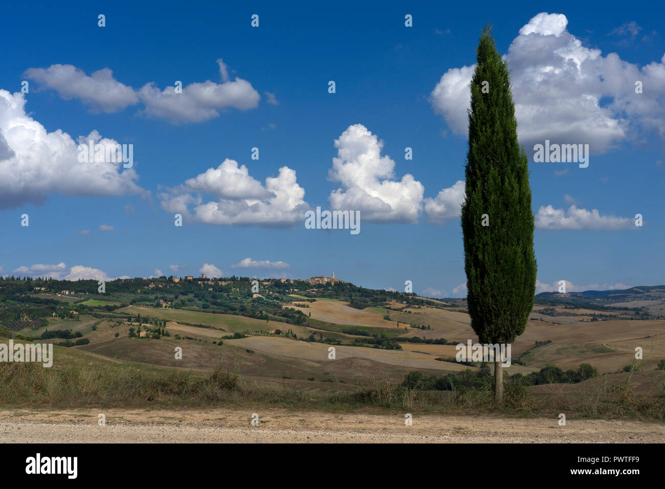 view over tuscan landscape in val d'orcia to hilltop town of Pienza,Tuscany,Italy,Europe Stock Photo
