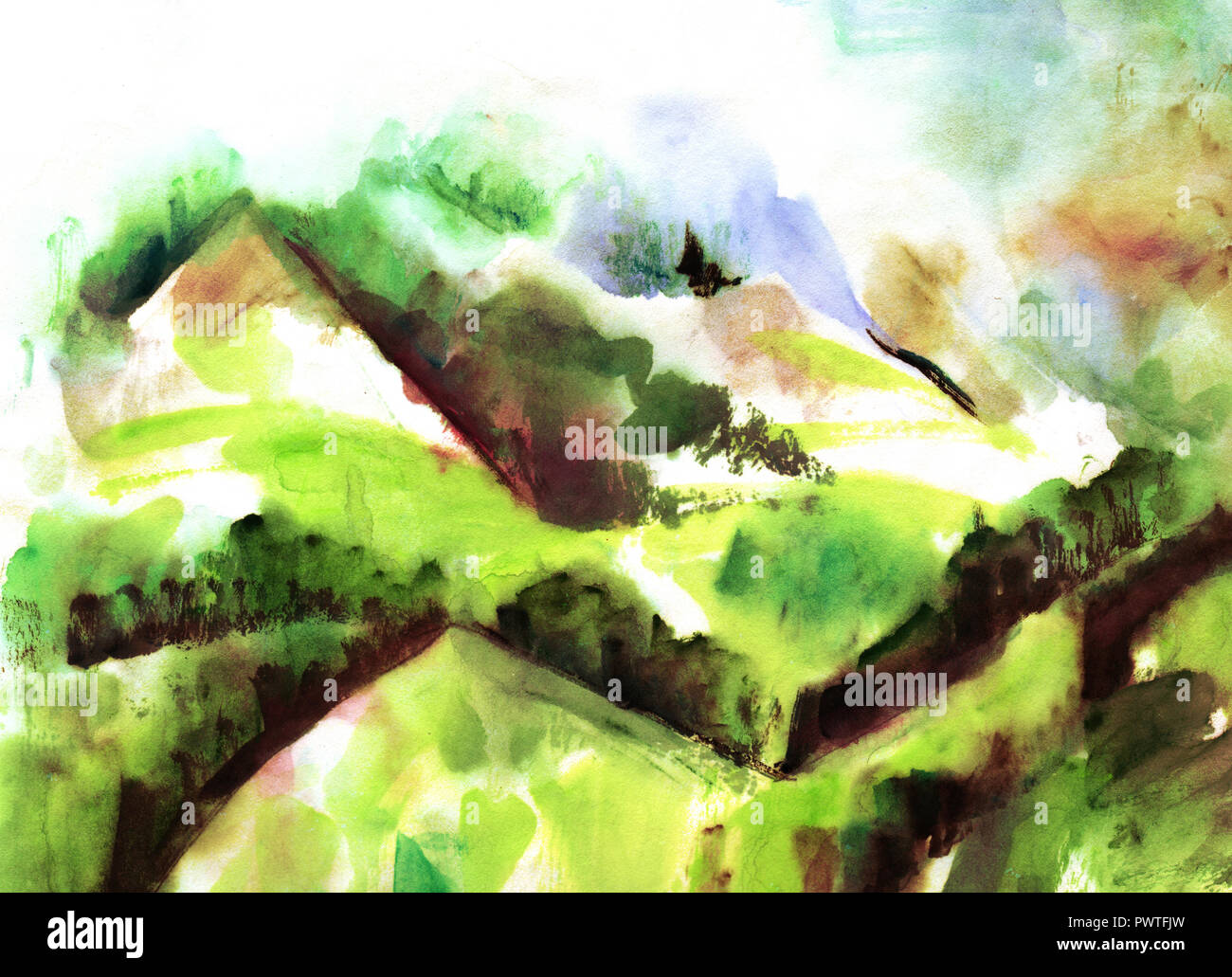 A watercolour landscape painting, a vibrant mountain range view Stock