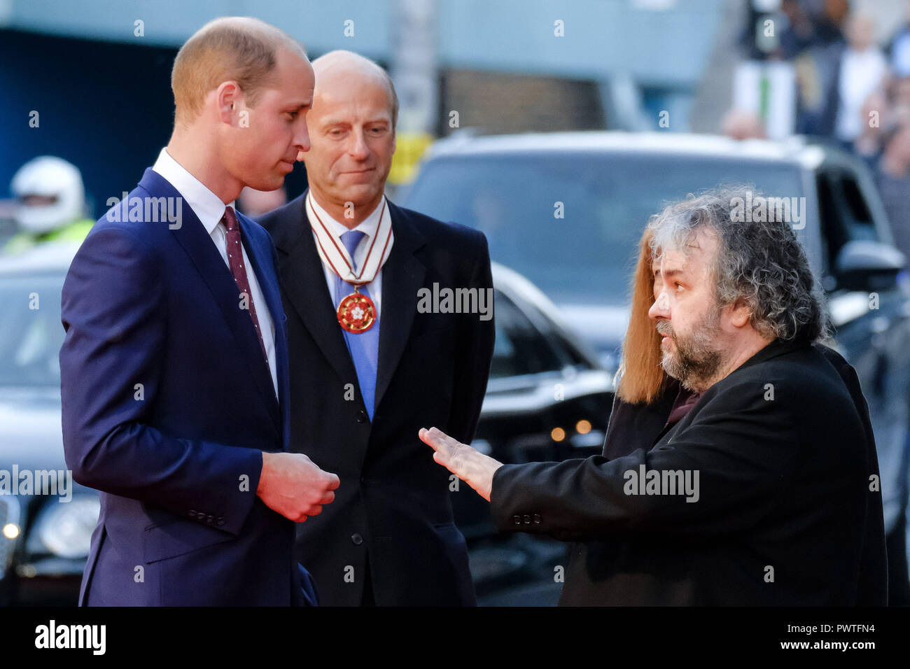 Prince William, Duke of Cambridge and Director Peter Jackson  at the London Film Festival Screening of They Shall Not grow Old on Tuesday 16 October 2018 held at BFI Southbank, London. Pictured: Director Peter Jackson talks to Prince William, Duke of Cambridge, arrives on the red carpet. Picture by Julie Edwards. Stock Photo